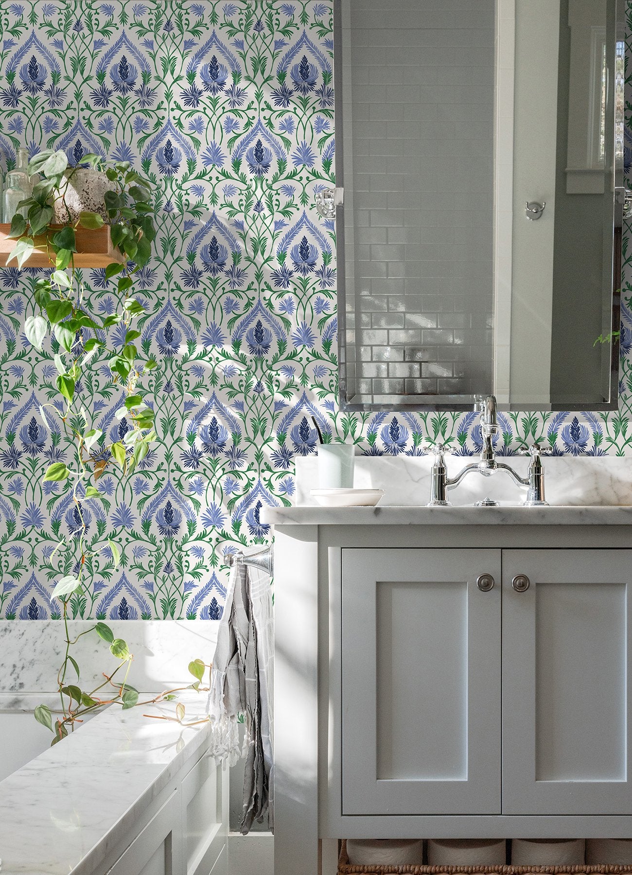 Isle Blue Peel & Stick Wallpaper with Botanical Damask Pattern - NuWallpaper NUS6192