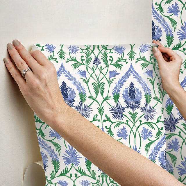 Isle Blue Peel & Stick Wallpaper with Botanical Damask Pattern - NuWallpaper NUS6192