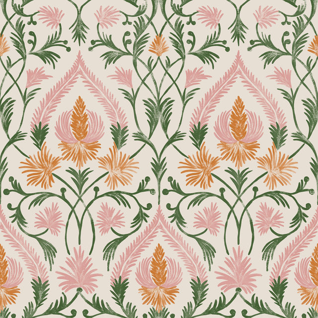 Isle Pink Peel & Stick Wallpaper with Botanical Damask Pattern, Traditional Style - NuWallpaper NUS6193