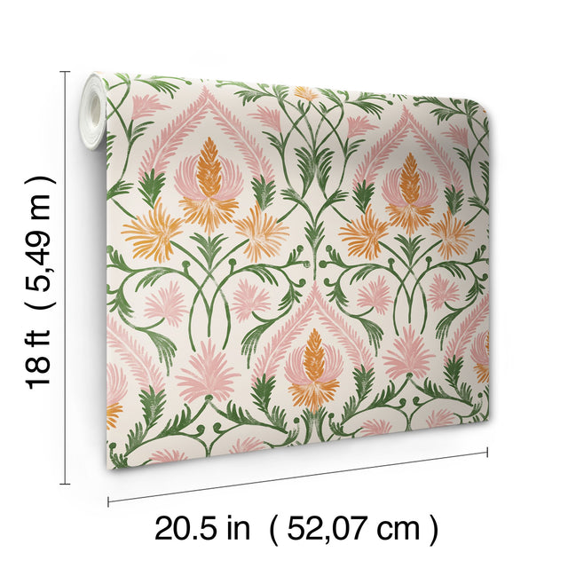 Isle Pink Peel & Stick Wallpaper with Botanical Damask Pattern, Traditional Style - NuWallpaper NUS6193