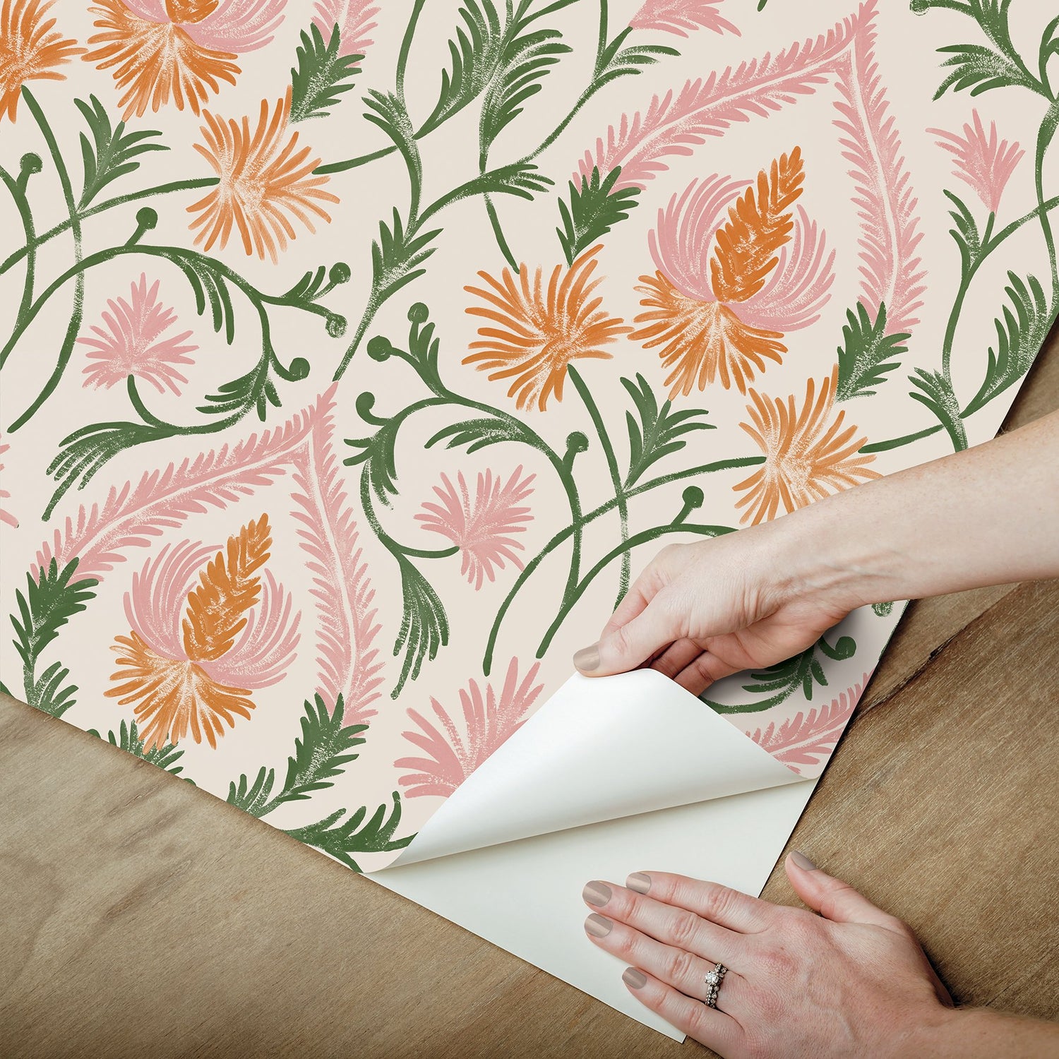 Isle Pink Peel & Stick Wallpaper with Botanical Damask Pattern, Traditional Style - NuWallpaper NUS6193