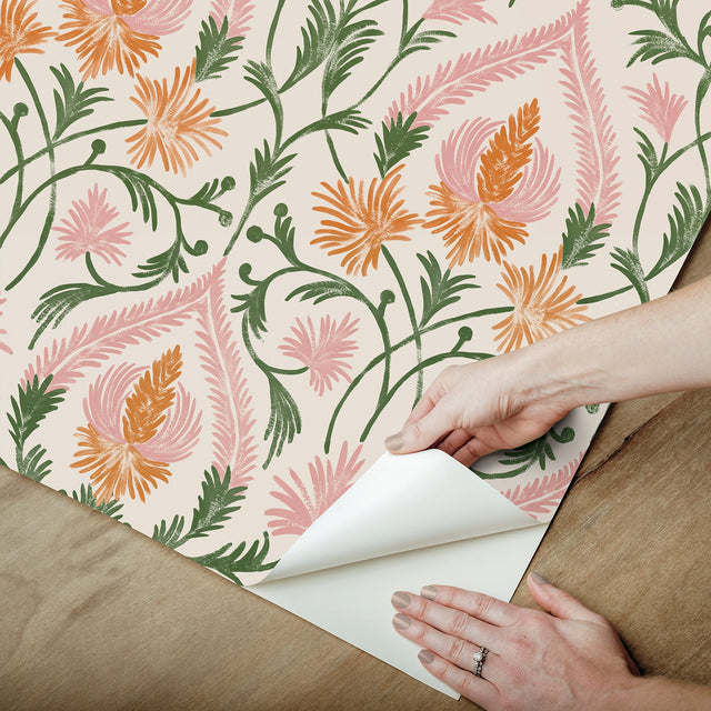 Isle Pink Peel & Stick Wallpaper with Botanical Damask Pattern, Traditional Style - NuWallpaper NUS6193