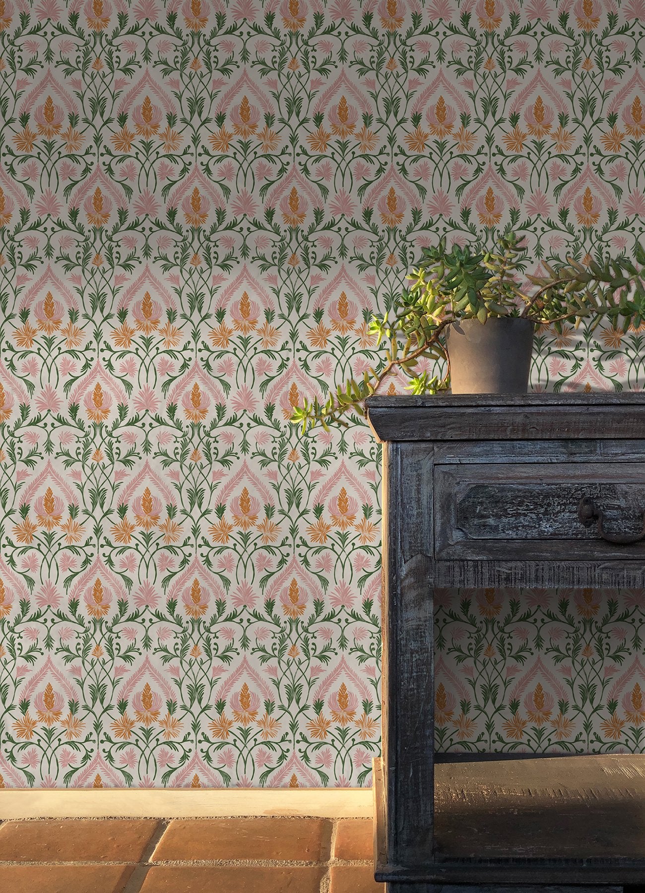 Isle Pink Peel & Stick Wallpaper with Botanical Damask Pattern, Traditional Style - NuWallpaper NUS6193