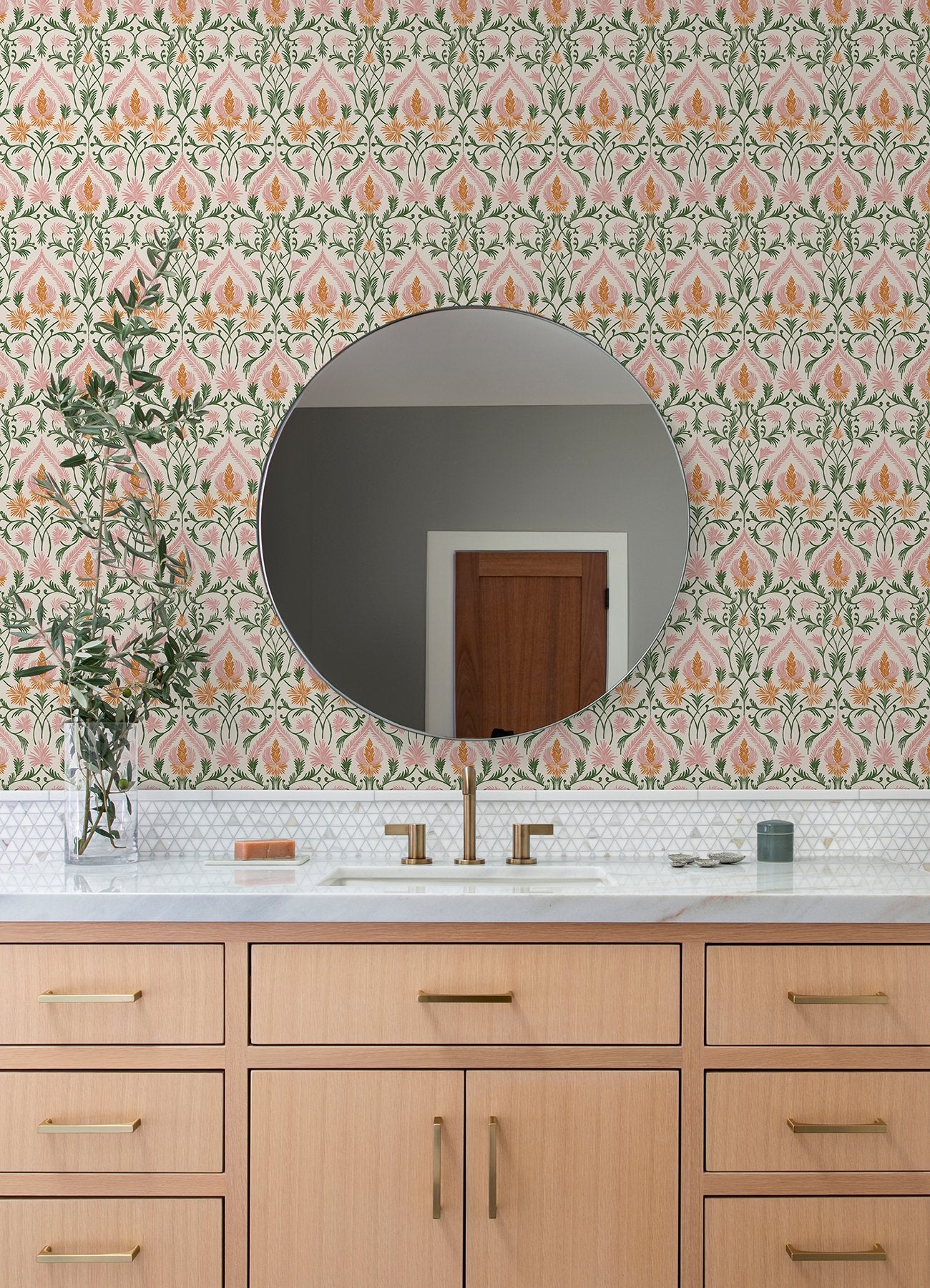 Isle Pink Peel & Stick Wallpaper with Botanical Damask Pattern, Traditional Style - NuWallpaper NUS6193