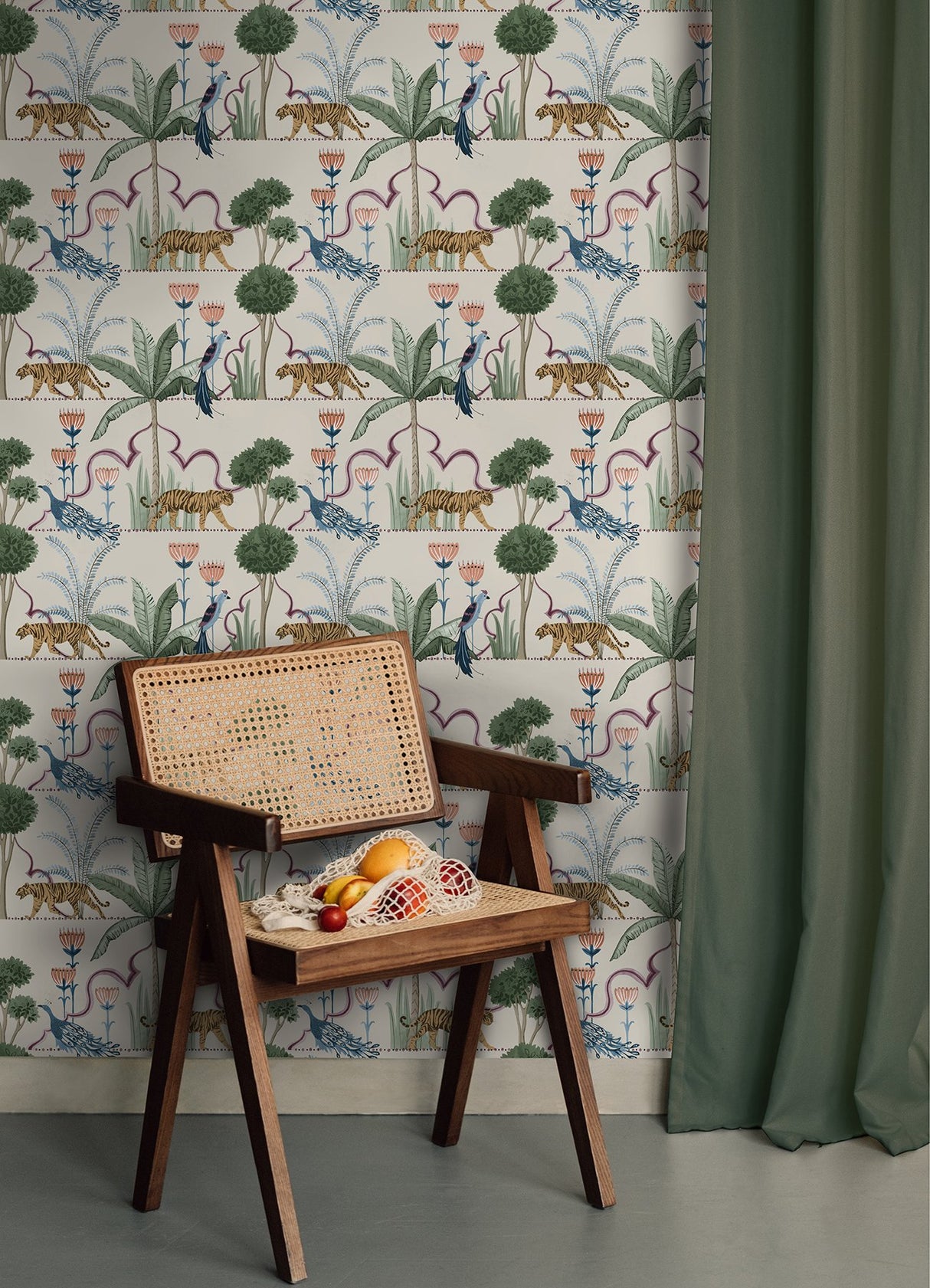 Laos Taupe Peel & Stick Wallpaper with Botanical Toile Tigers & Peacocks - NuWallpaper NUS6194