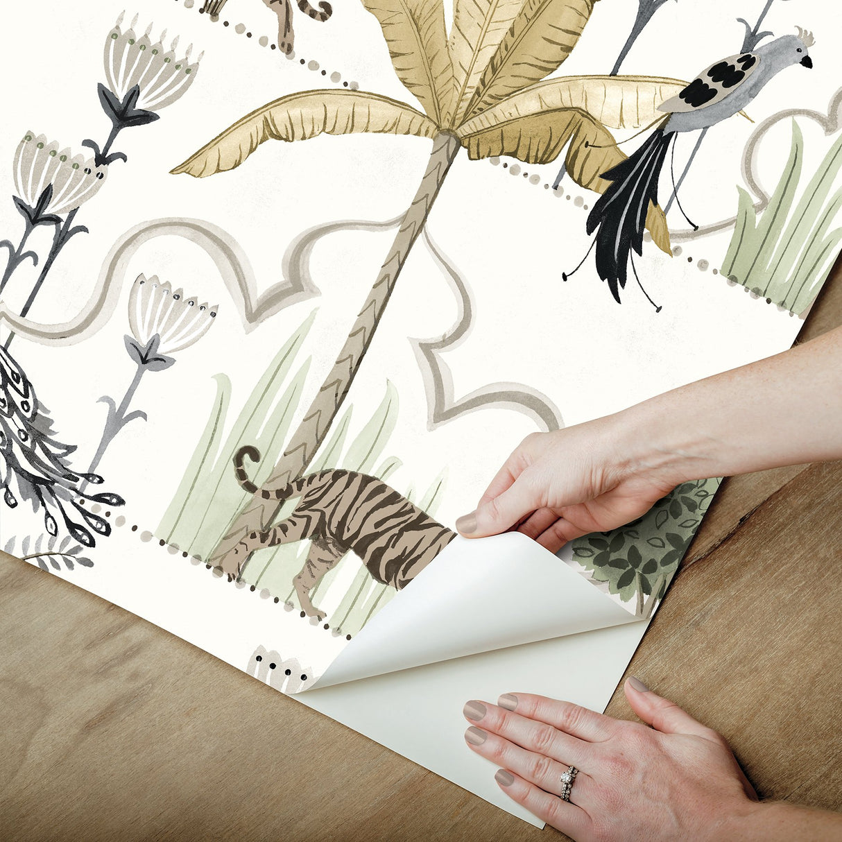 Laos Ivory Wallpaper with Botanical Toile Jungle Motif, Traditional Peel & Stick - NuWallpaper NUS6196