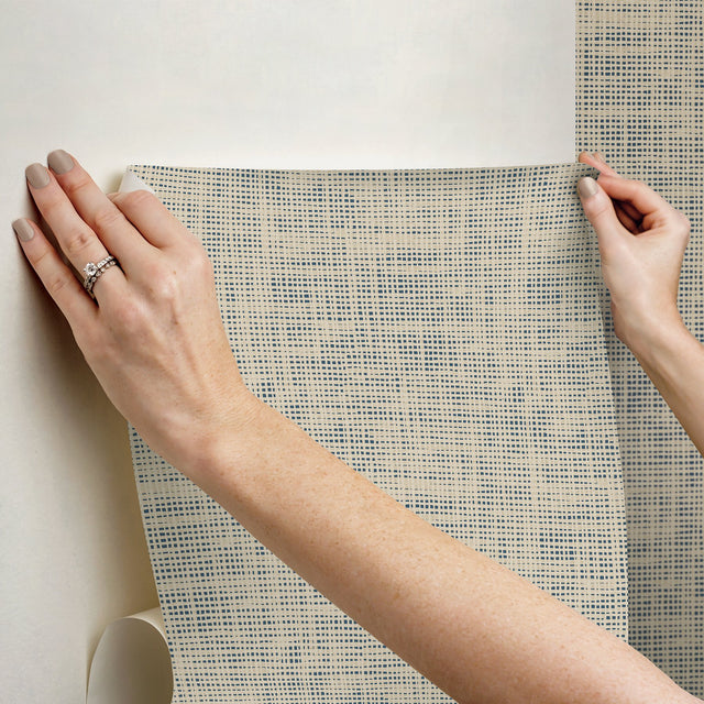 Nolan Blue Faux Grasscloth Peel & Stick Wallpaper with Raised Ink Texture - NuWallpaper NUS6200