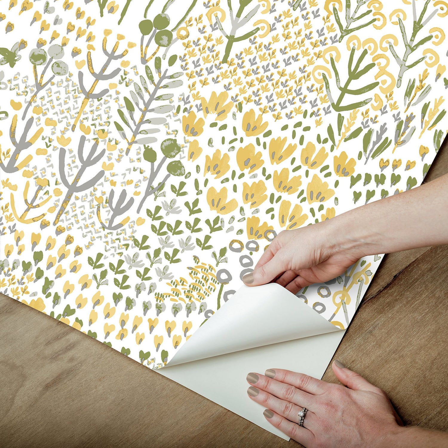 Flower Parade Yellow Peel & Stick Wallpaper with Modern Botanical Floral Pattern - NuWallpaper NUS6211