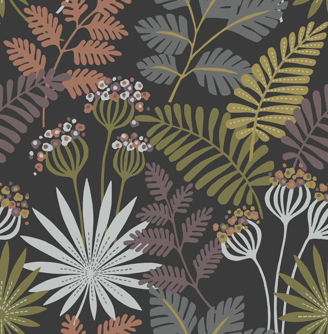 Marajo Black Peel & Stick Wallpaper with Botanical Leaves Motif - NuWallpaper NUS6214