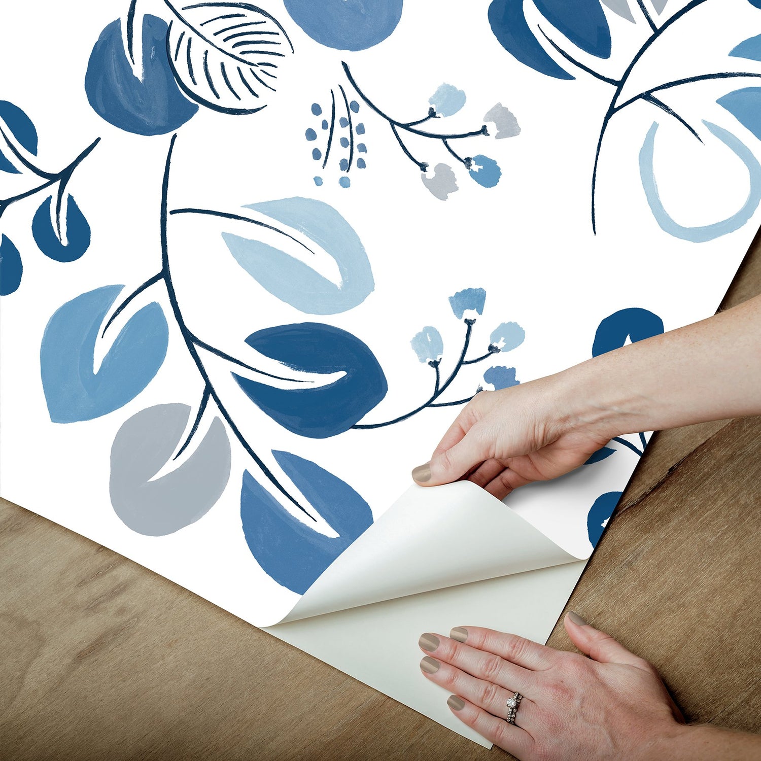 Roux Blue Peel & Stick Wallpaper with Scandinavian Botanical Leaf Motif - NuWallpaper NUS6218