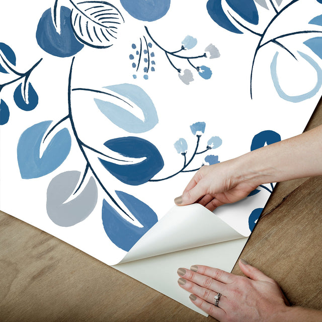 Roux Blue Peel & Stick Wallpaper with Scandinavian Botanical Leaf Motif - NuWallpaper NUS6218