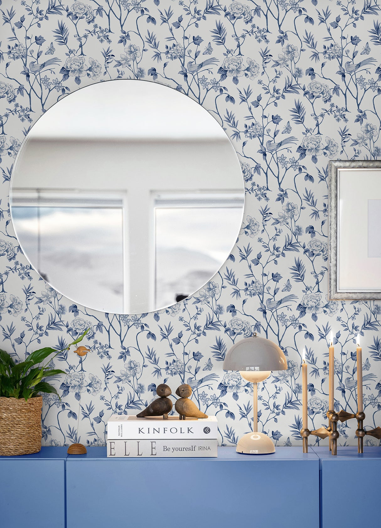 Chinoiserie Garden Indigo Blue and White Botanical Bird and Floral Vine Peel and Stick Wallpaper by NuWallpaper WallPops - NUS6363