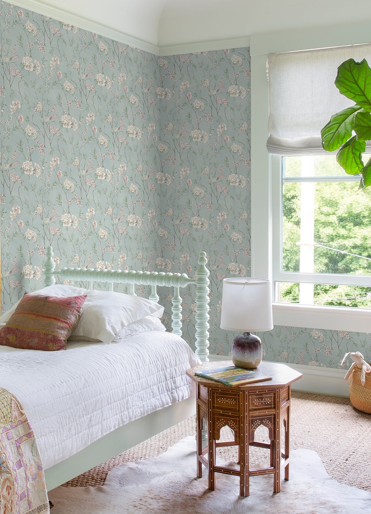 Chinoiserie Garden Robins Egg by NuWallpaper Botanical Floral Bird and Butterfly Peel and Stick Wallpaper in Robin's Egg Blue - NUS6364