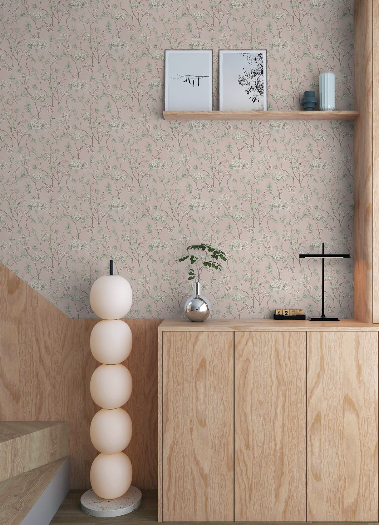 Chinoiserie Garden Pink by NuWallpaper Blush Pink Botanical Floral Birds and Butterflies Removable Peel and Stick Wallpaper - NUS6365