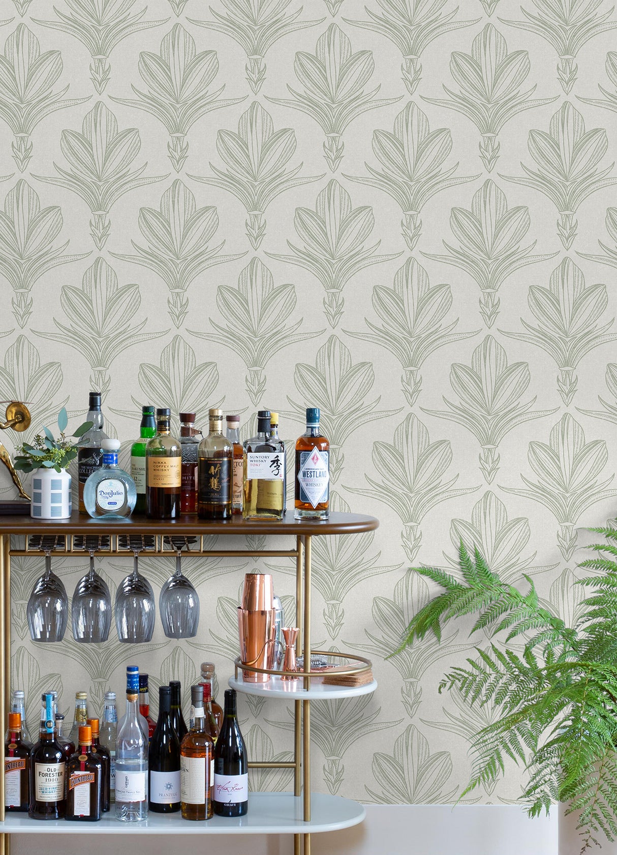 Larkyn Green by NuWallpaper Modern Botanical Fleur de Lis Peel and Stick Fully Removable Wallpaper from WallPops Collection NUS6375