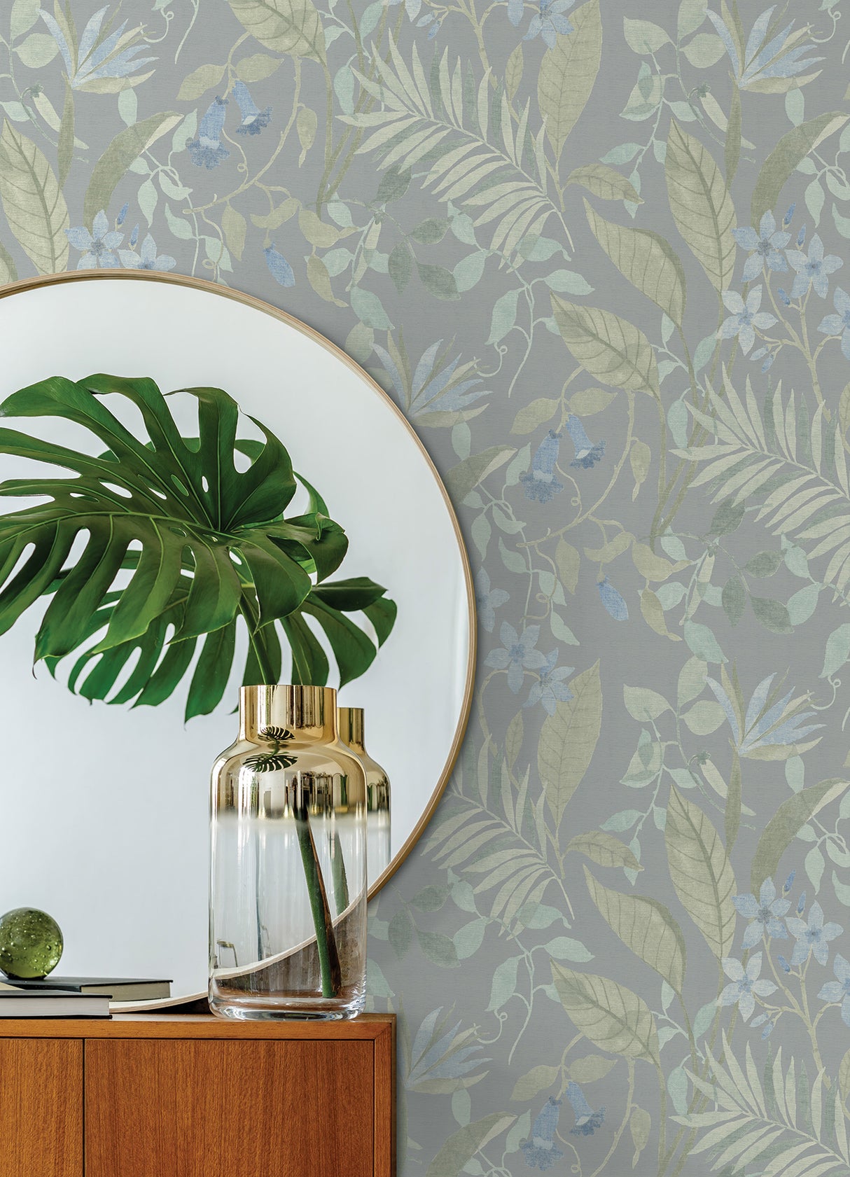 Jesinda Green Peel and Stick Wallpaper with Muted Botanical Florals and Varied Tropical Leaves in Soft Green and Blue Tones by NuWallpaper - NUS6426