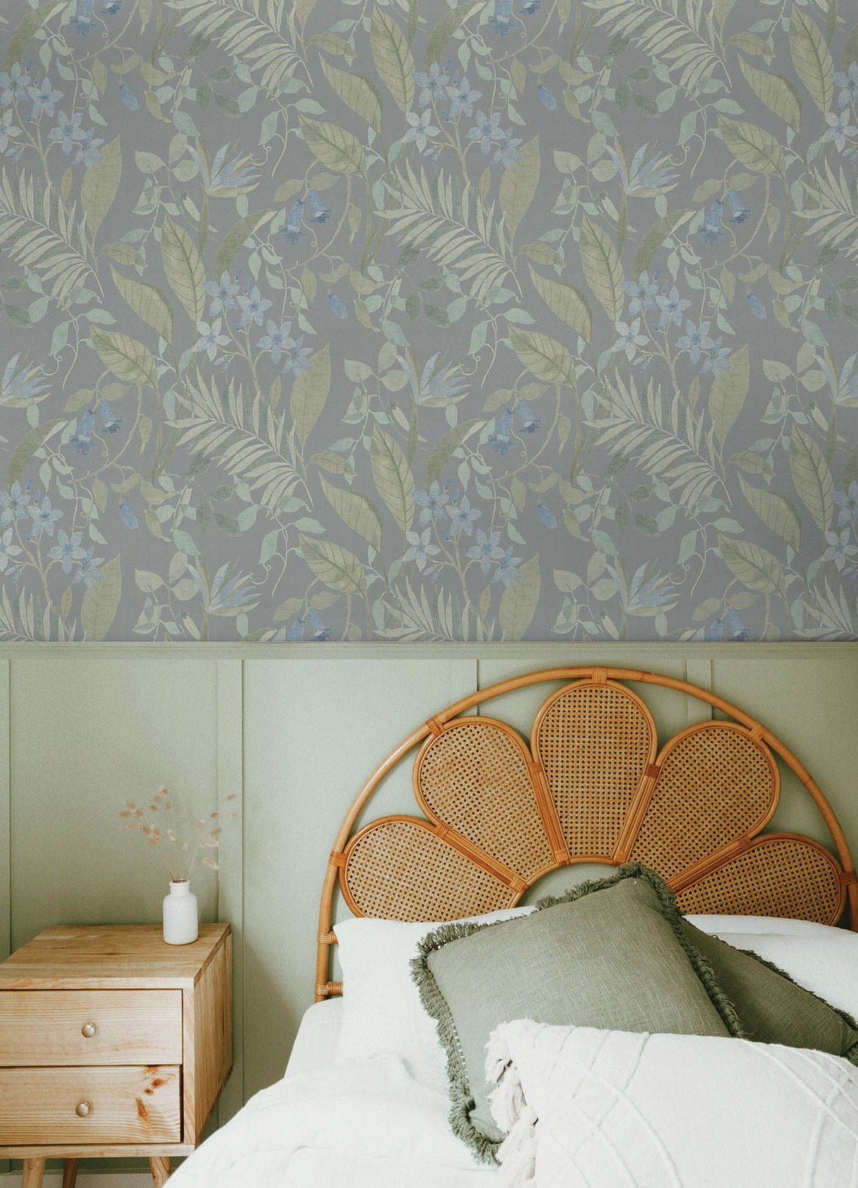 Jesinda Green Peel and Stick Wallpaper with Muted Botanical Florals and Varied Tropical Leaves in Soft Green and Blue Tones by NuWallpaper - NUS6426