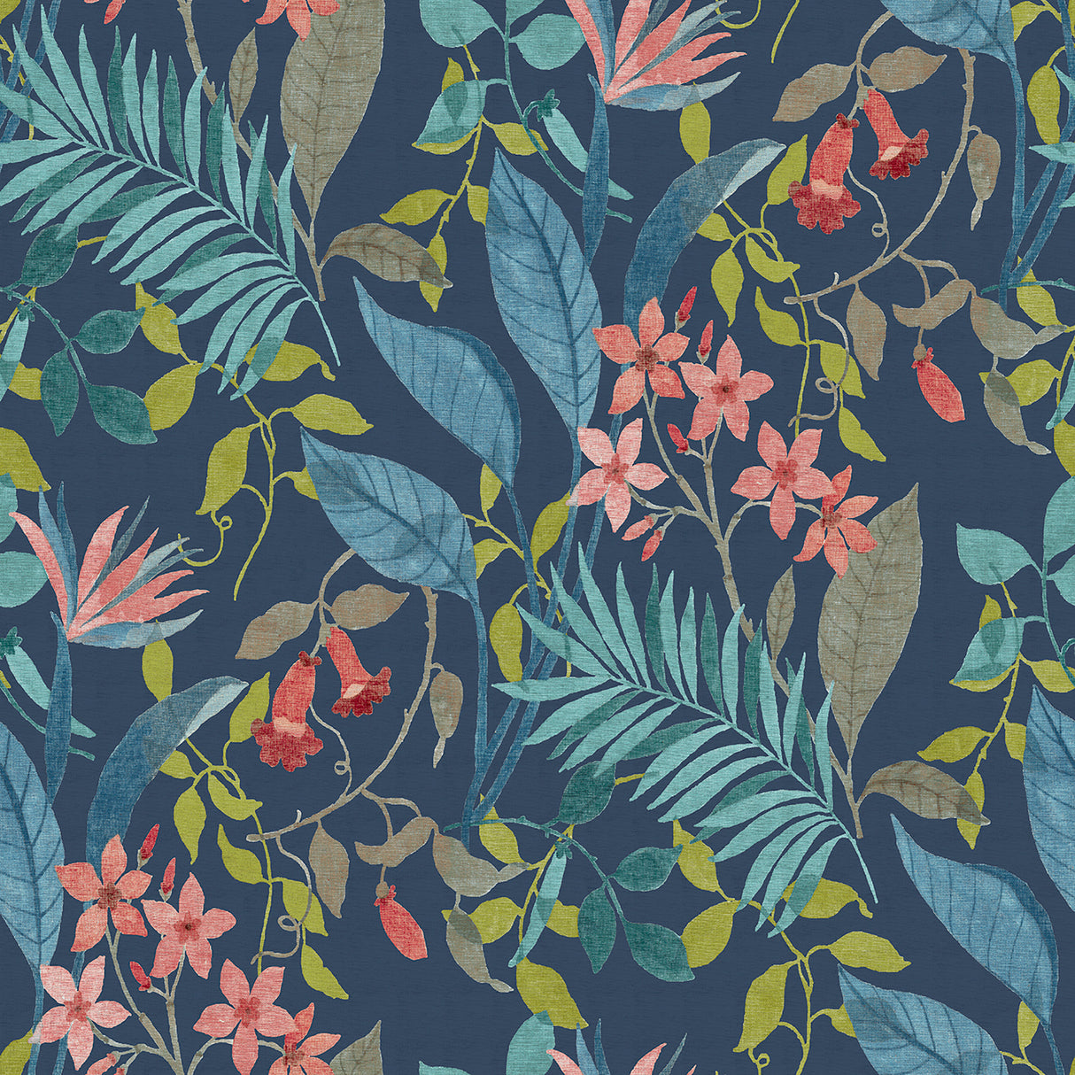 Jesinda Cobalt Peel and Stick Wallpaper by NuWallpaper NUS6427 - Botanical Tropical Floral and Leaf Pattern in Deep Blue Pink and Green