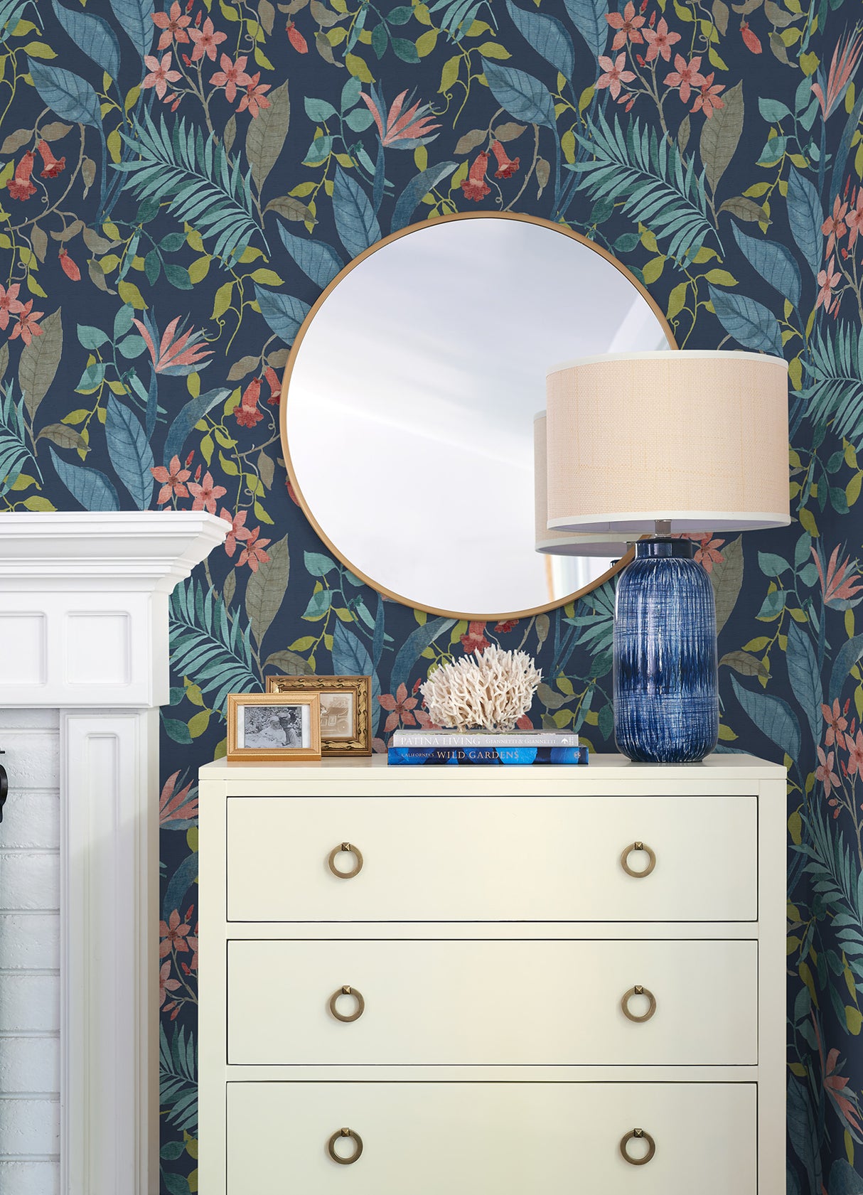 Jesinda Cobalt by NuWallpaper Vibrant Botanical Tropical Floral and Leaf Peel and Stick Wallpaper in Deep Blue Pink and Green NUS6427