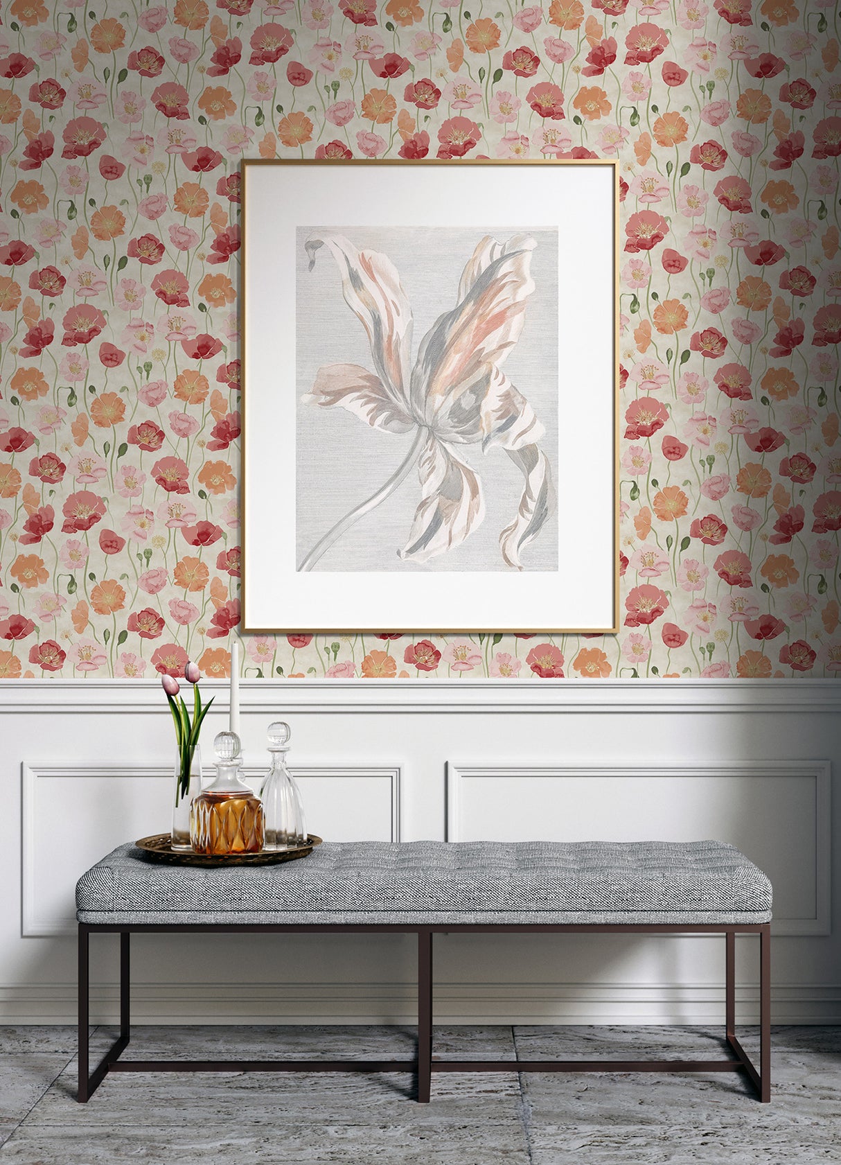 Adelia Pastel Peel and Stick Wallpaper by NuWallpaper Painterly Pink and Orange Watercolor Poppy Floral Botanical Transitional Design NUS6428