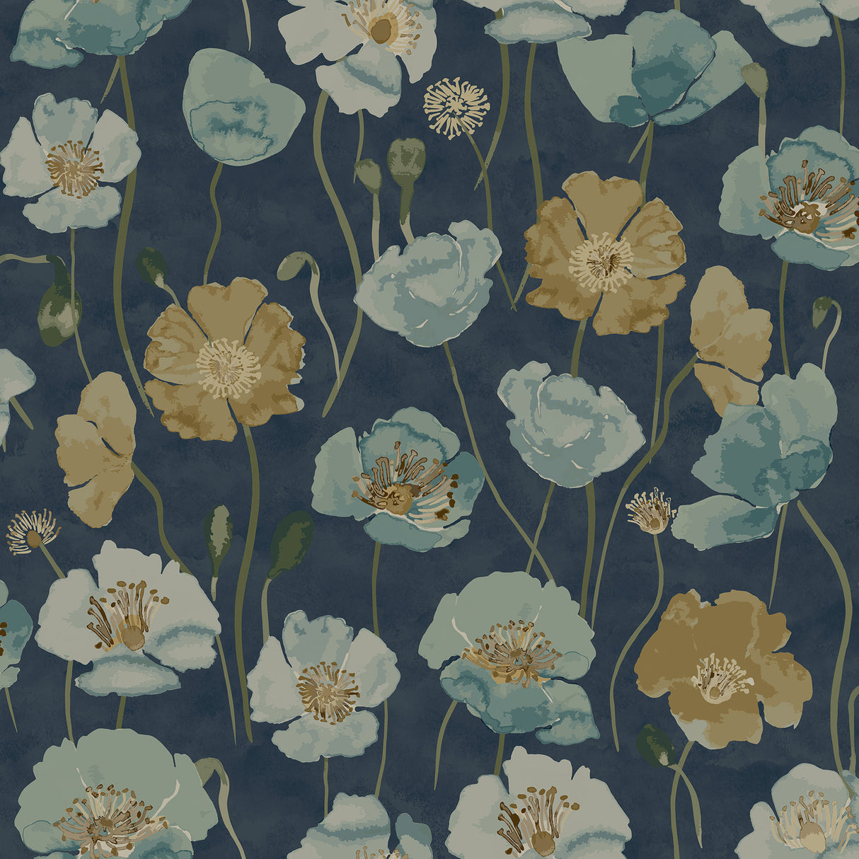 Adelia Indigo Peel and Stick Wallpaper by NuWallpaper NUS6429 - Painterly Watercolor Poppy Floral Pattern in Blue, Green and Gold on Indigo Backdrop