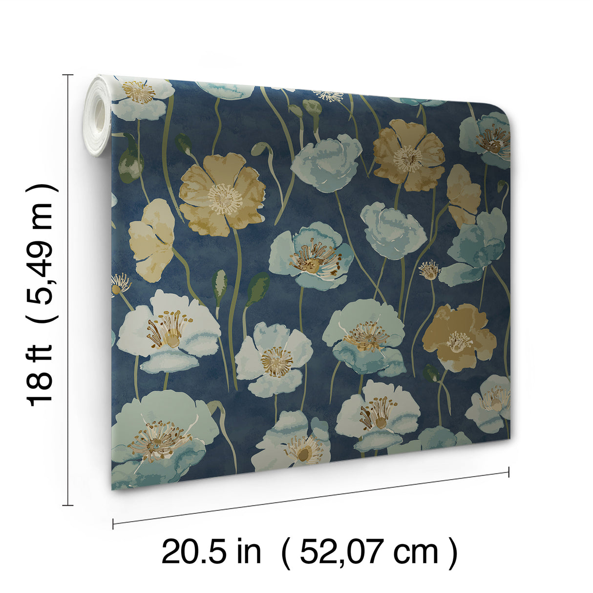Adelia Indigo by NuWallpaper Painterly Watercolor Poppy Botanical Peel and Stick Wallpaper in Blue, Green and Warm Gold Tones NUS6429