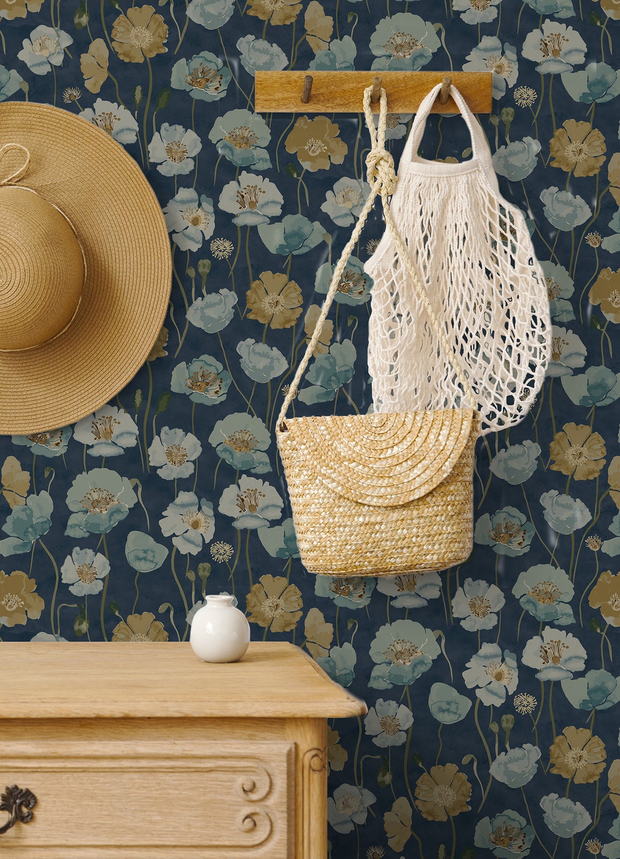 Adelia Indigo by NuWallpaper Painterly Watercolor Poppy Botanical Peel and Stick Wallpaper in Blue, Green and Warm Gold Tones NUS6429