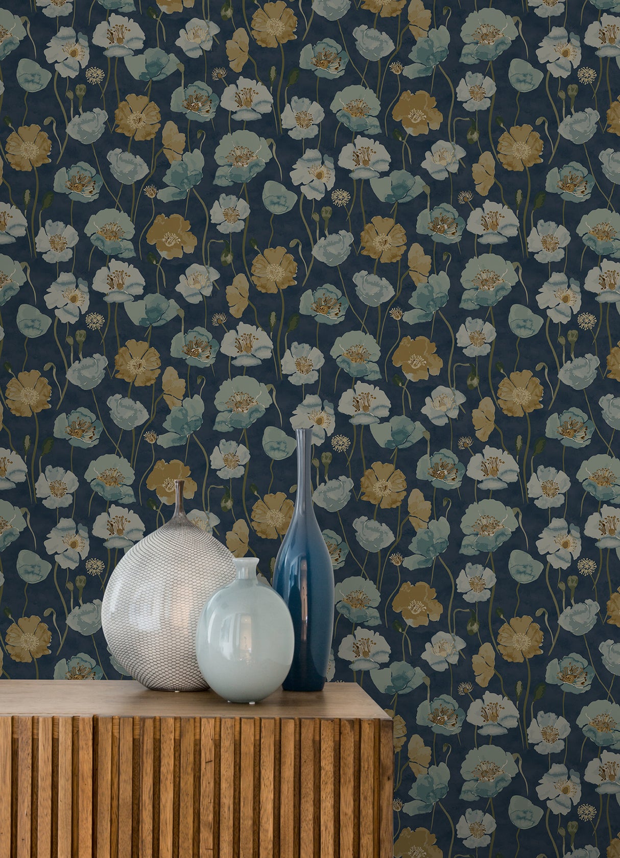 Adelia Indigo by NuWallpaper Painterly Watercolor Poppy Botanical Peel and Stick Wallpaper in Blue, Green and Warm Gold Tones NUS6429
