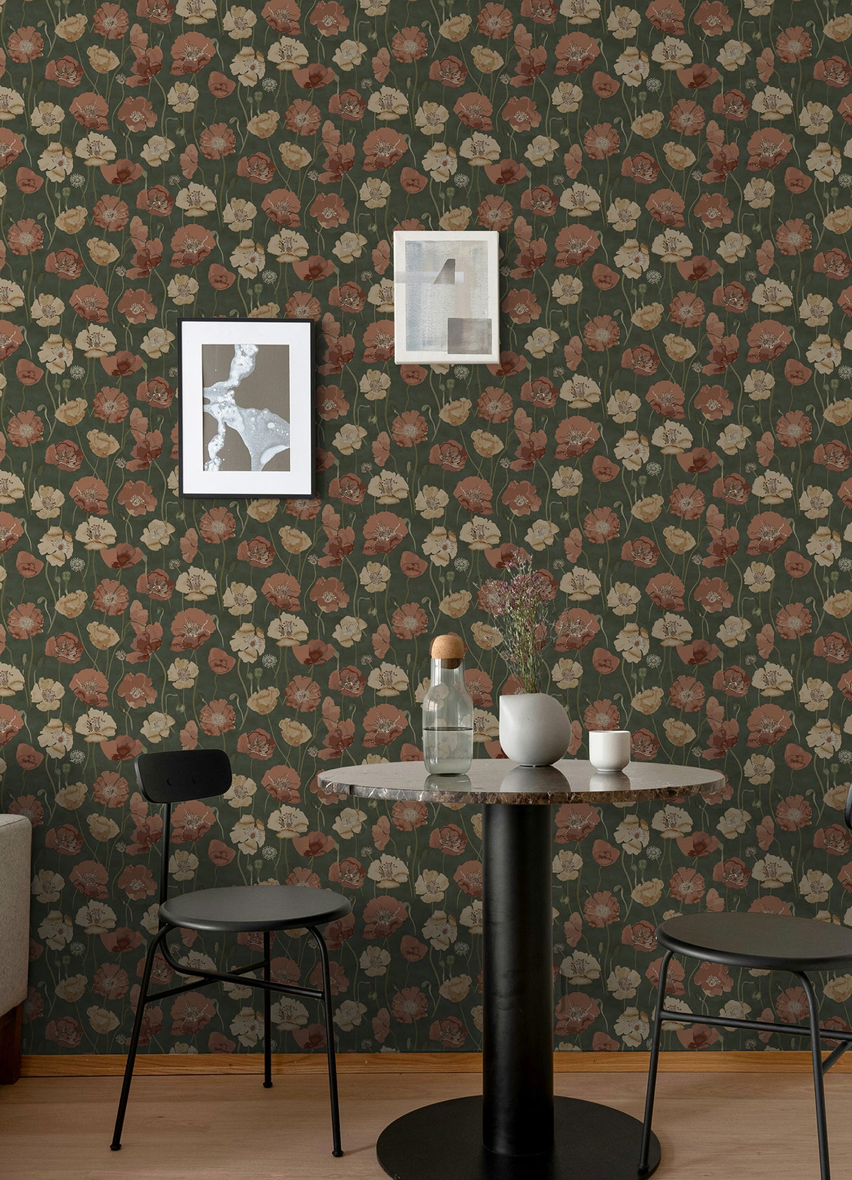Adelia Moss by NuWallpaper Painterly Watercolor Poppy Floral Transitional Botanical Green Peel and Stick Wallpaper WallPops NUS6430