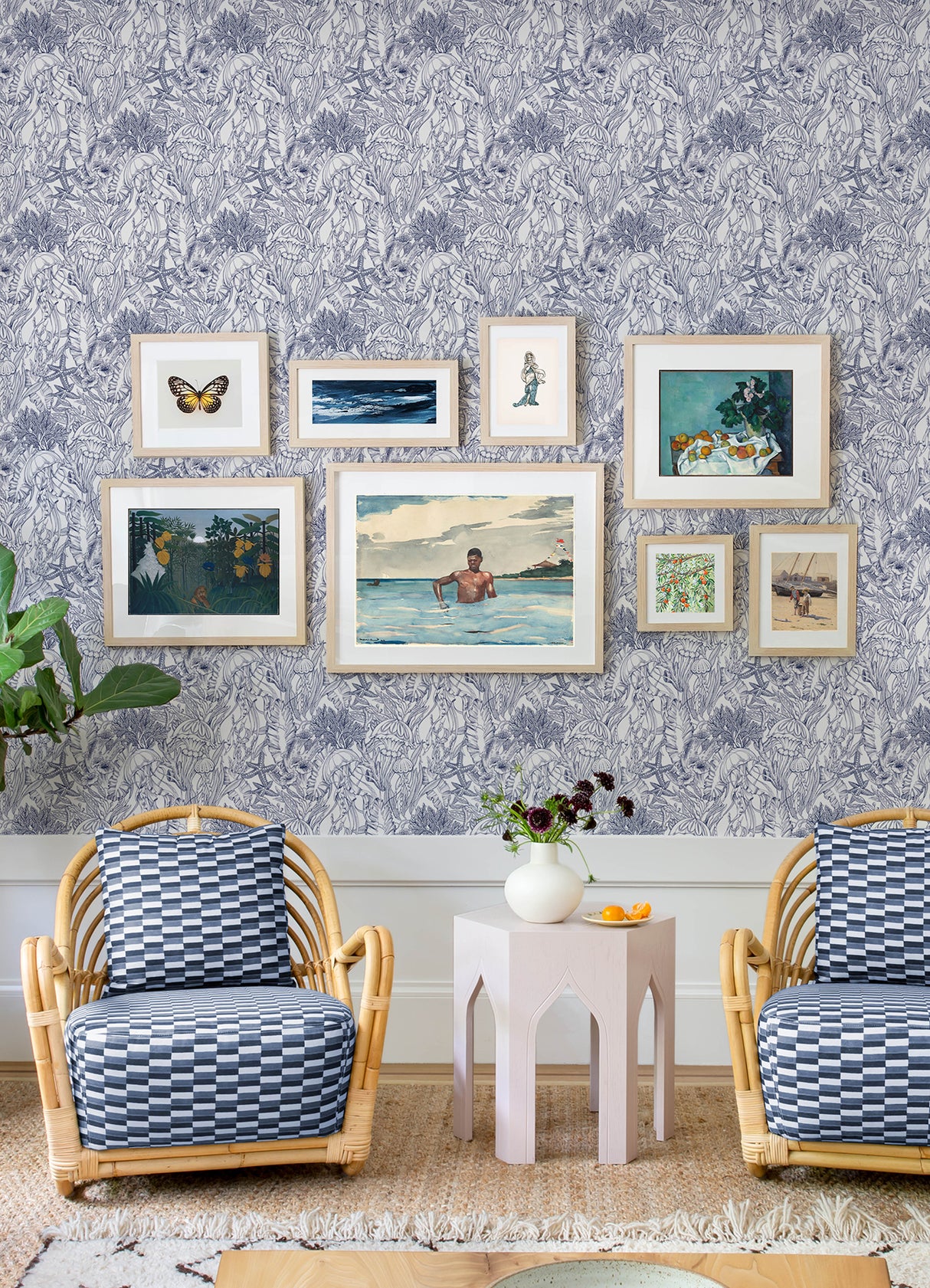Under the Sea Navy Blue by NuWallpaper Illustrative Nautical Seascape with Jellyfish and Coral Peel and Stick Wallpaper - NUS6494