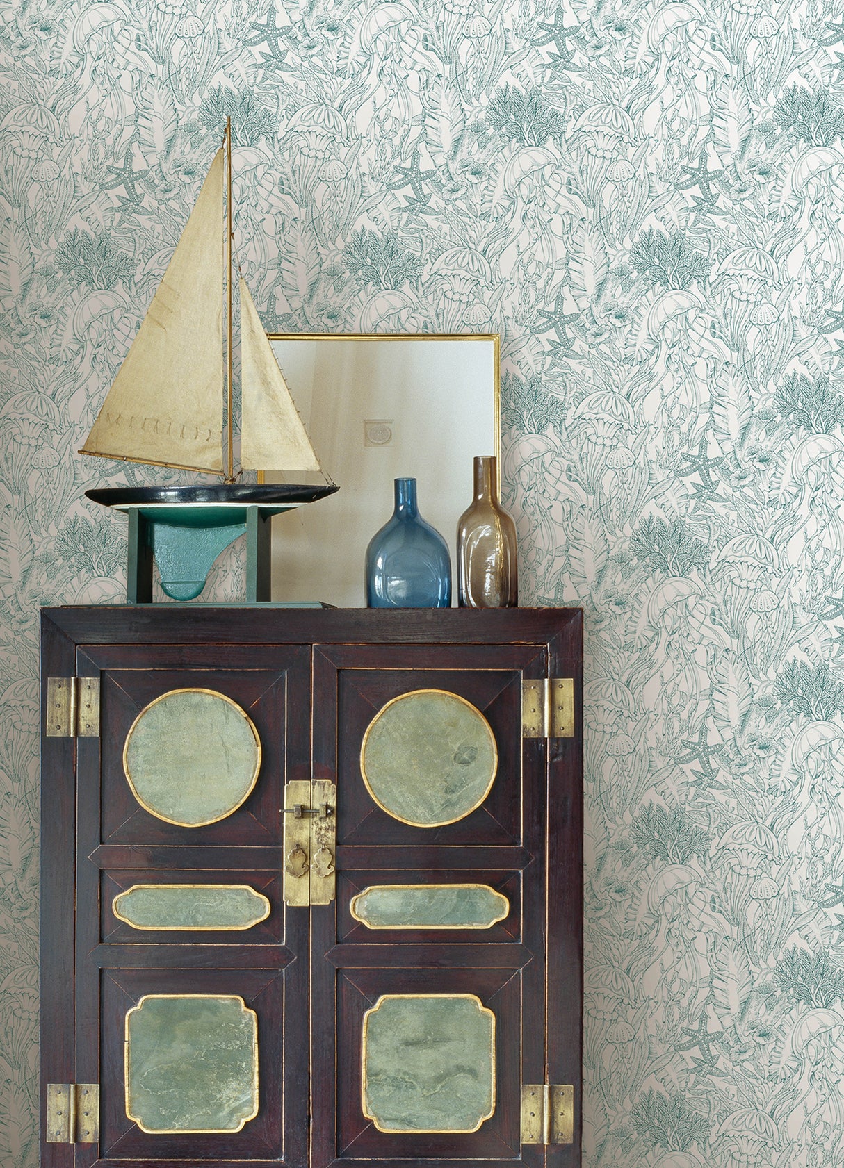 Under the Sea Teal by NuWallpaper Nautical Illustrated Ocean Seascape with Jellyfish Coral and Starfish Peel and Stick Wallpaper - NUS6495