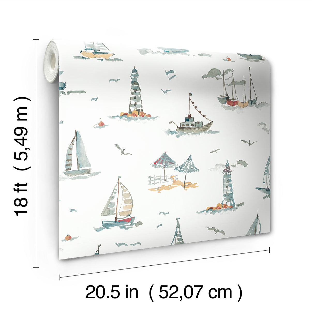 Set Sail Blue Green by NuWallpaper Coastal Nautical Watercolor Sailboats, Lighthouses and Seagulls Toile Peel and Stick Wallpaper - NUS6497