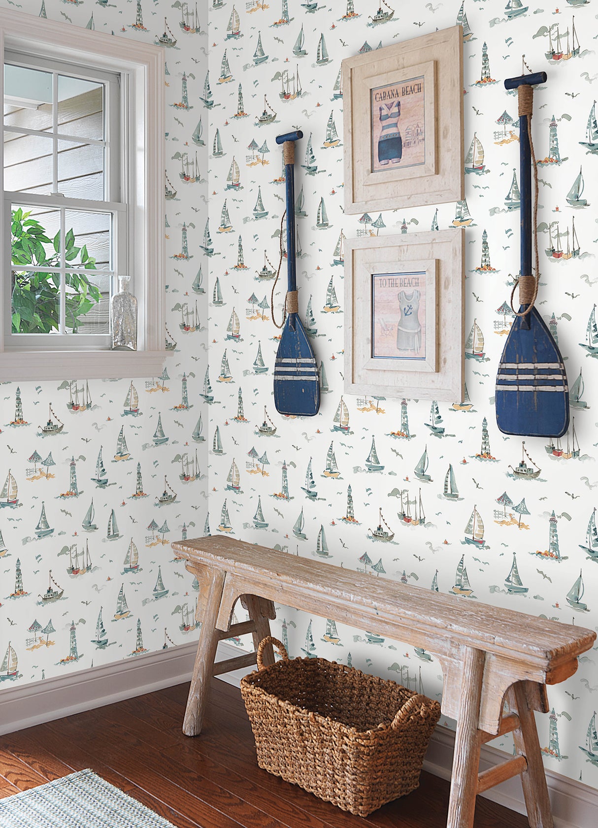 Set Sail Blue Green by NuWallpaper Coastal Nautical Watercolor Sailboats, Lighthouses and Seagulls Toile Peel and Stick Wallpaper - NUS6497