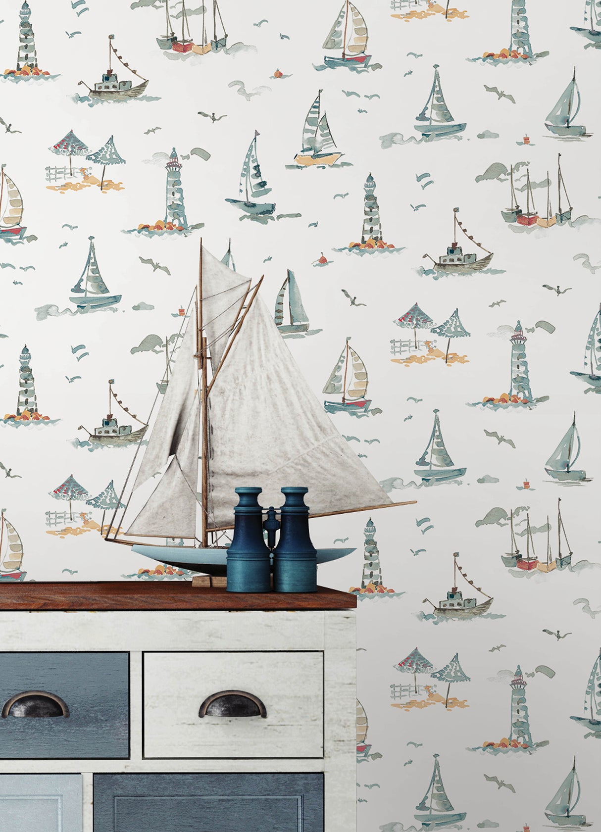 Set Sail Blue Green by NuWallpaper Coastal Nautical Watercolor Sailboats, Lighthouses and Seagulls Toile Peel and Stick Wallpaper - NUS6497