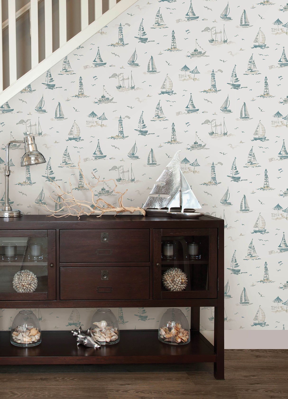 Set Sail Taupe by NuWallpaper Breezy Watercolor Nautical Sailboat Lighthouse and Coastal Scene Peel and Stick Wallpaper - NUS6498