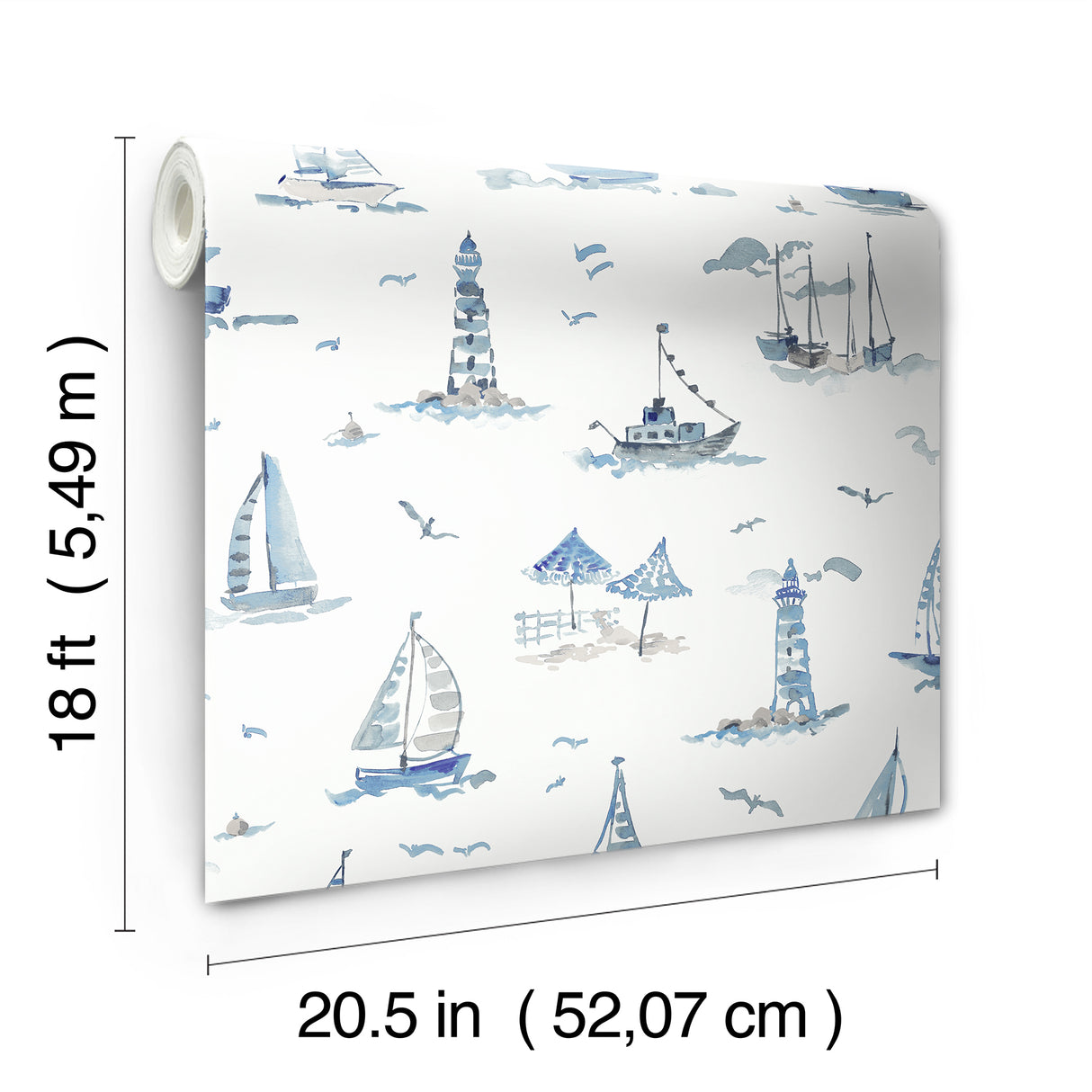 Set Sail Blue Peel and Stick Wallpaper by NuWallpaper Breezy Nautical Watercolor Sailboats and Lighthouses Coastal Toile Design NUS6499
