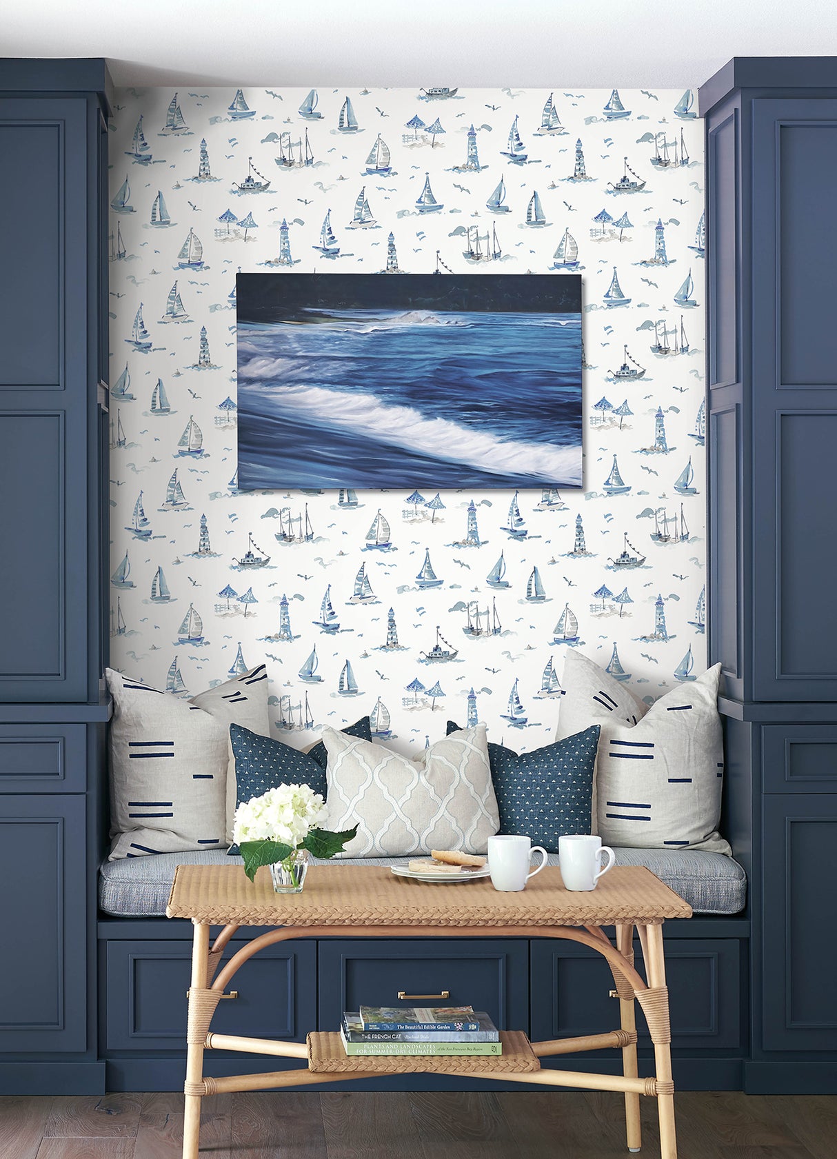 Set Sail Blue Peel and Stick Wallpaper by NuWallpaper Breezy Nautical Watercolor Sailboats and Lighthouses Coastal Toile Design NUS6499