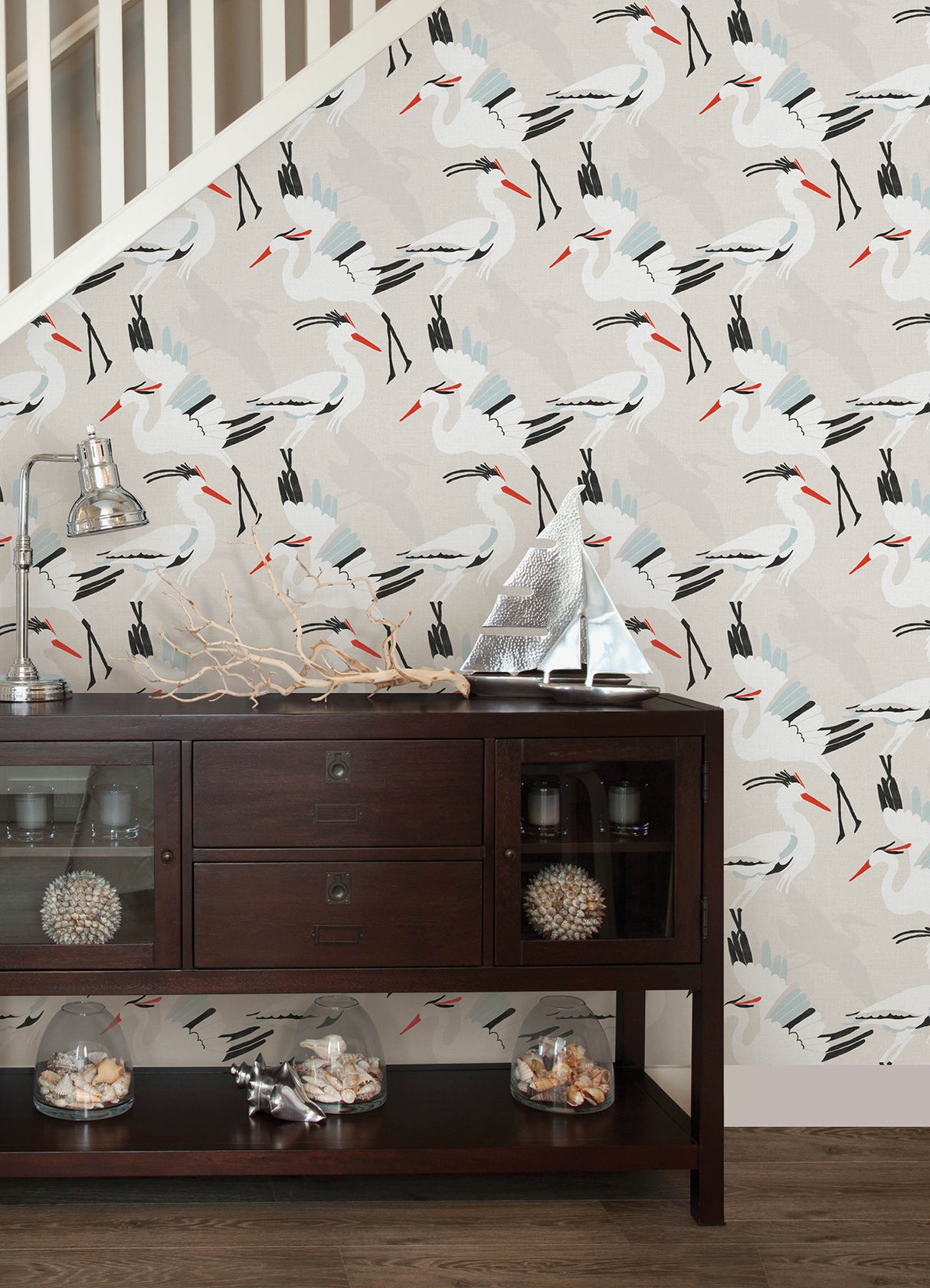 Coastal Wings Tan by NuWallpaper Coastal Crane Bird Peel and Stick Wallpaper with Linen Texture in Tan Black and Red Accents - NUS6500