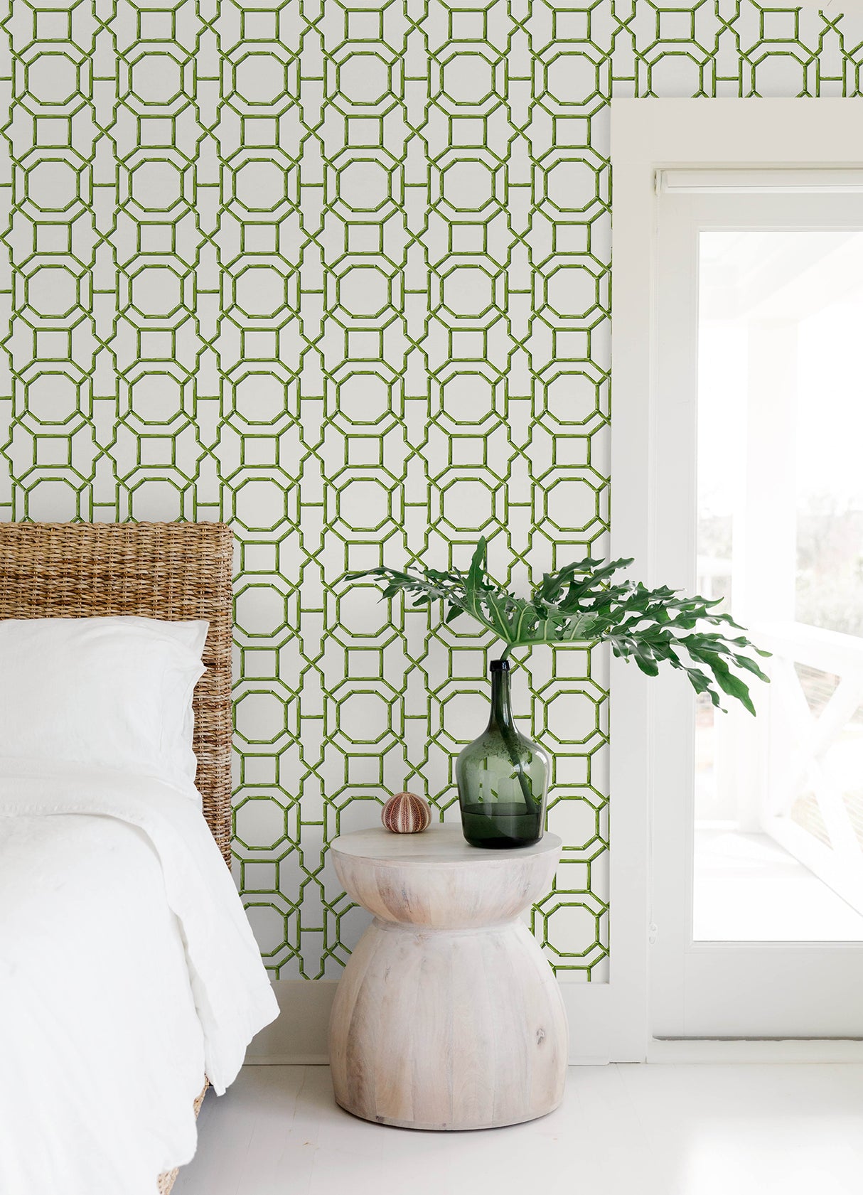 Sanya Green by NuWallpaper Fully Removable Bamboo Trellis Geometric Peel and Stick Wallpaper Ideal for Rentals and DIY Home Decor - NUS6505