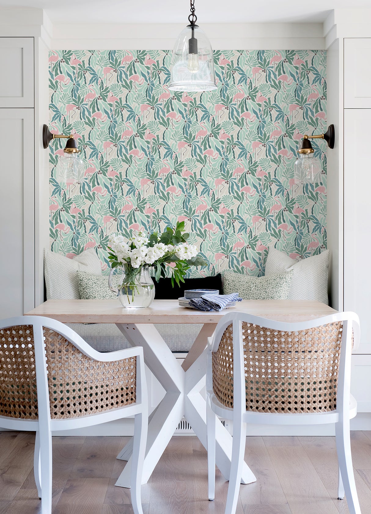 Flamingo Fun Green by WallPops Tropical Pink Flamingo Bird and Leafy Botanical Peel and Stick Removable Wallpaper for Rentals NUS6622