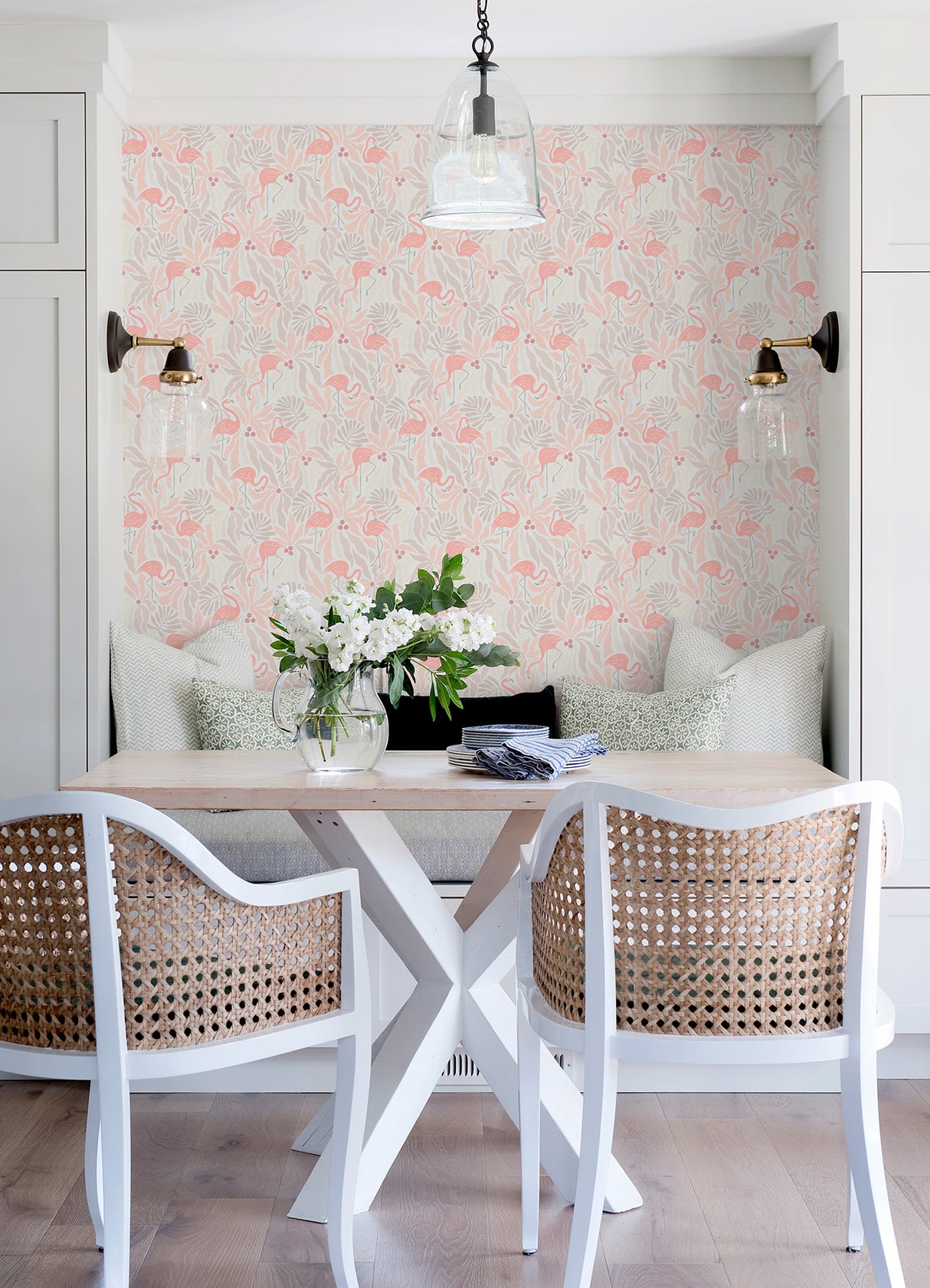 WallPops Flamingo Fun Pink and Taupe Peel and Stick Wallpaper Tropical Flamingo and Botanical Leaf Pattern RoomMates Collection NUS6623