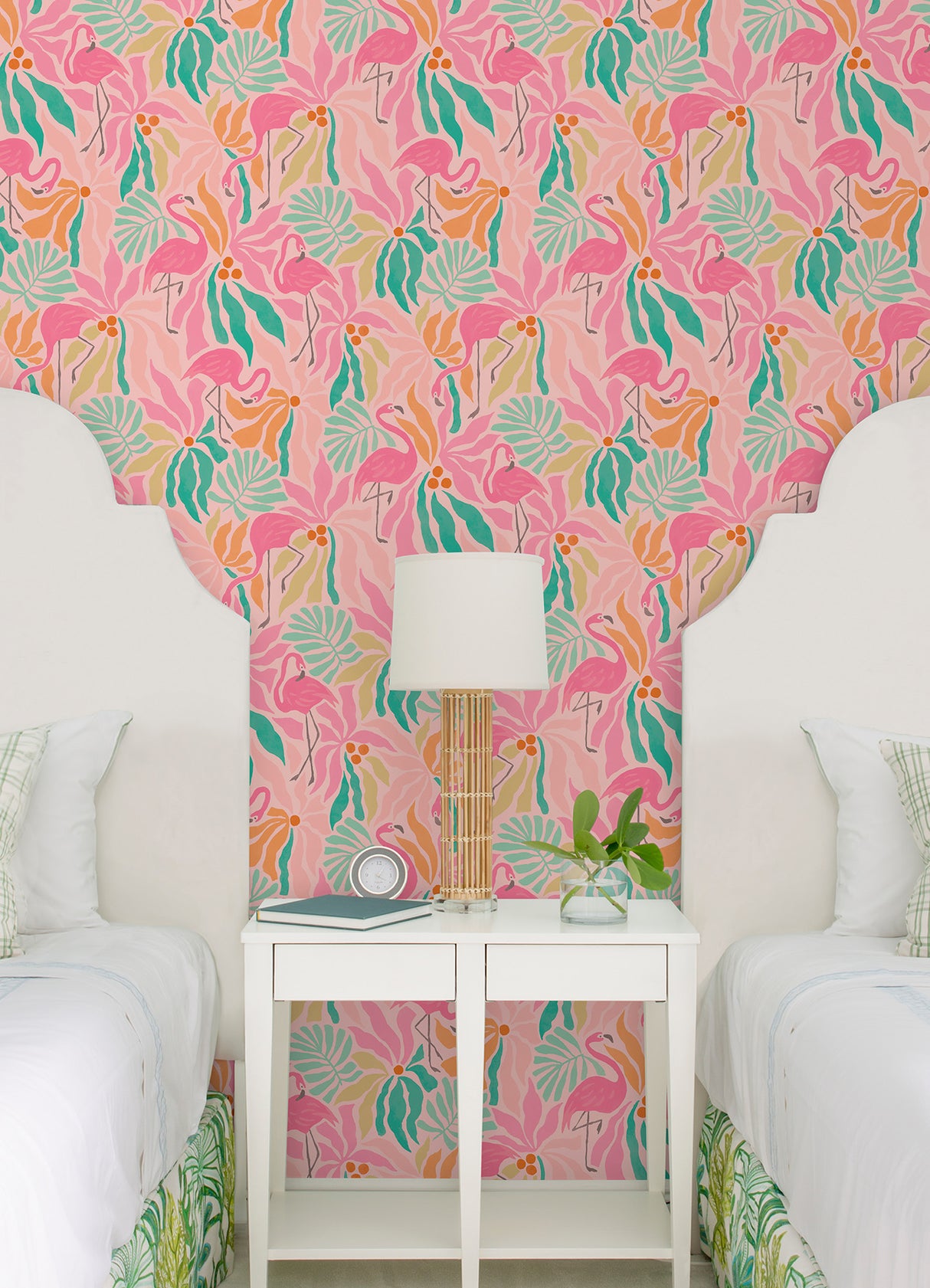 Flamingo Fun Pink and Green by WallPops Vibrant Tropical Flamingo Bird and Leafy Botanical Pattern Removable Peel and Stick Wallpaper - NUS6625