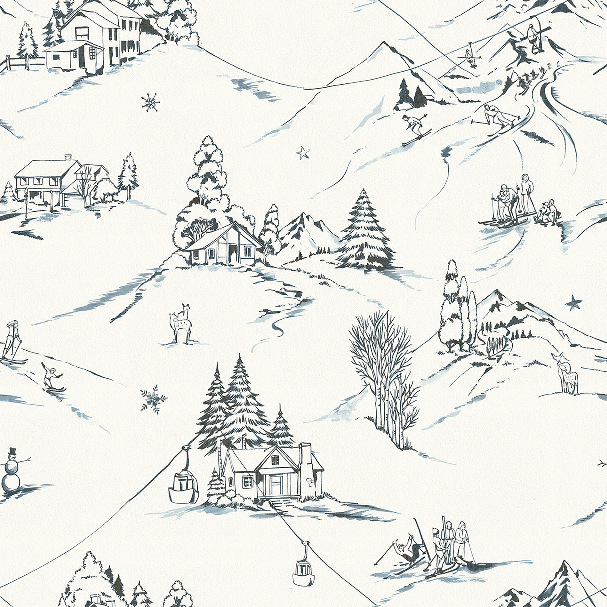 Mountain Side Blue Peel and Stick Wallpaper by WallPops NUS6626 - Winter Mountain Toile Ski Lodge Scene