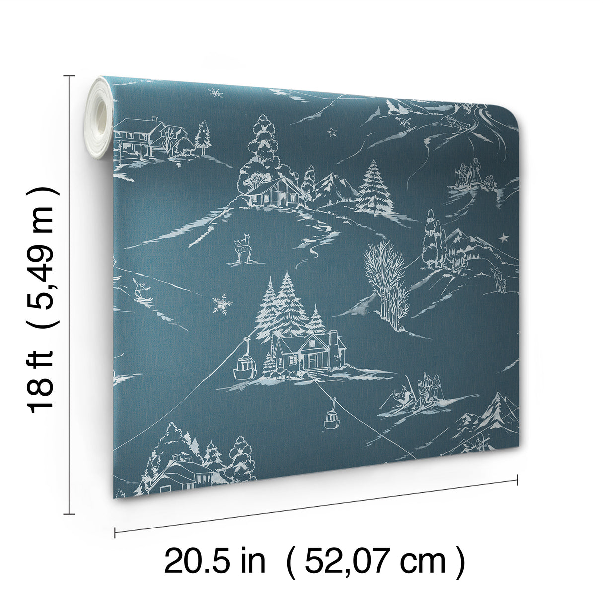 Mountain Side Denim by WallPops Peel and Stick Vinyl Winter Mountain Lodge Toile Ski Scene Fully Removable Wallpaper Roll - NUS6627