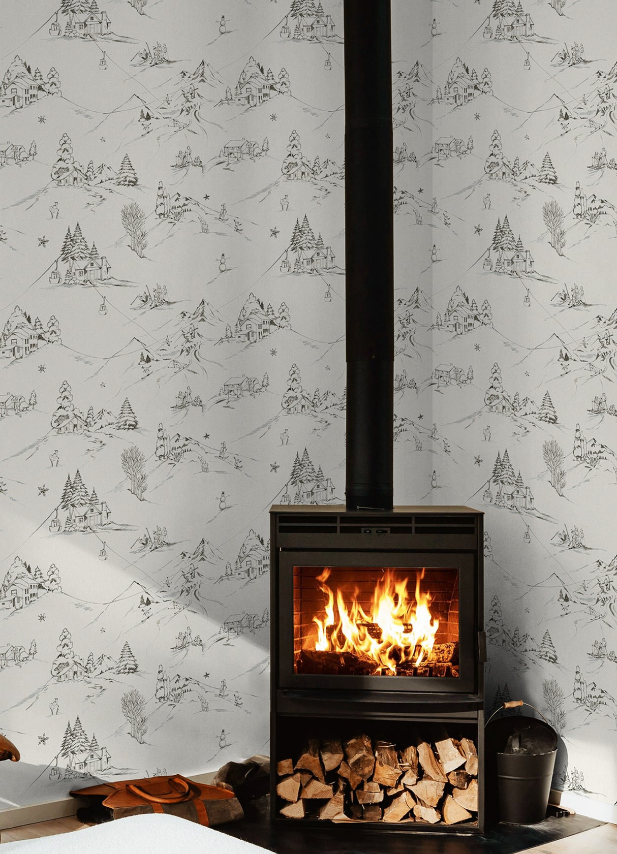 Mountain Side Charcoal by WallPops Hand-Drawn Winter Mountain Lodge Toile Peel and Stick Wallpaper for DIY Projects - NUS6628
