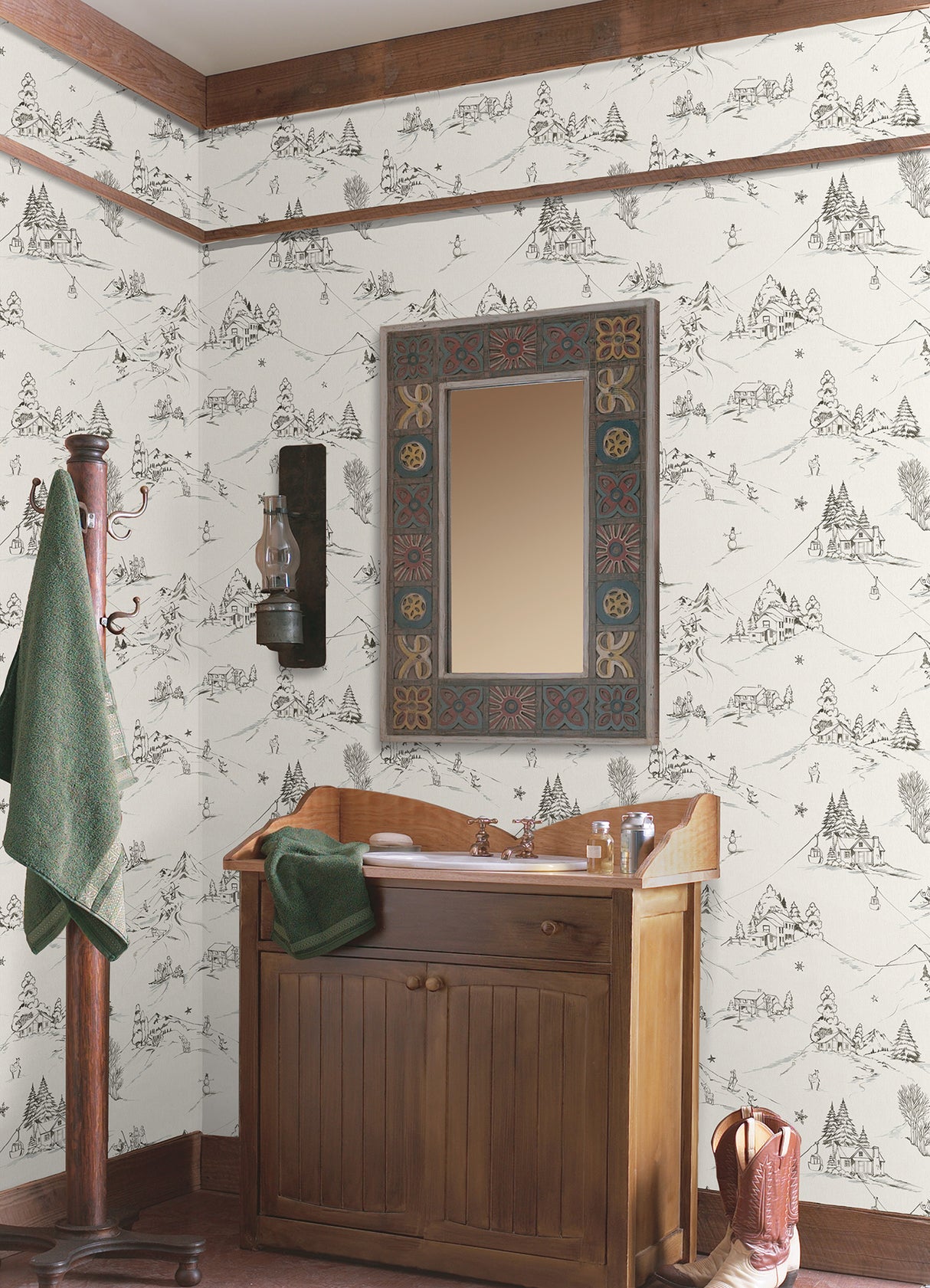 Mountain Side Charcoal by WallPops Hand-Drawn Winter Mountain Lodge Toile Peel and Stick Wallpaper for DIY Projects - NUS6628