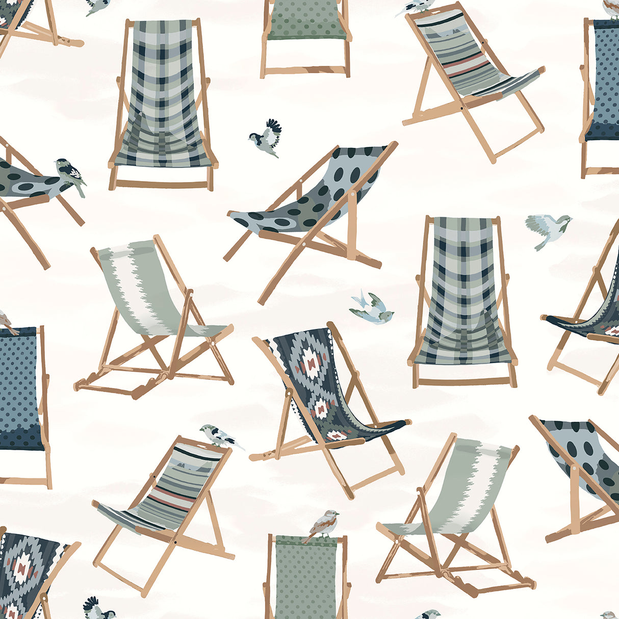 Just Lounging Green Peel and Stick Wallpaper featuring illustrated coastal deck chairs in varied patterns and playful birds on an off-white background by WallPops NUS6632