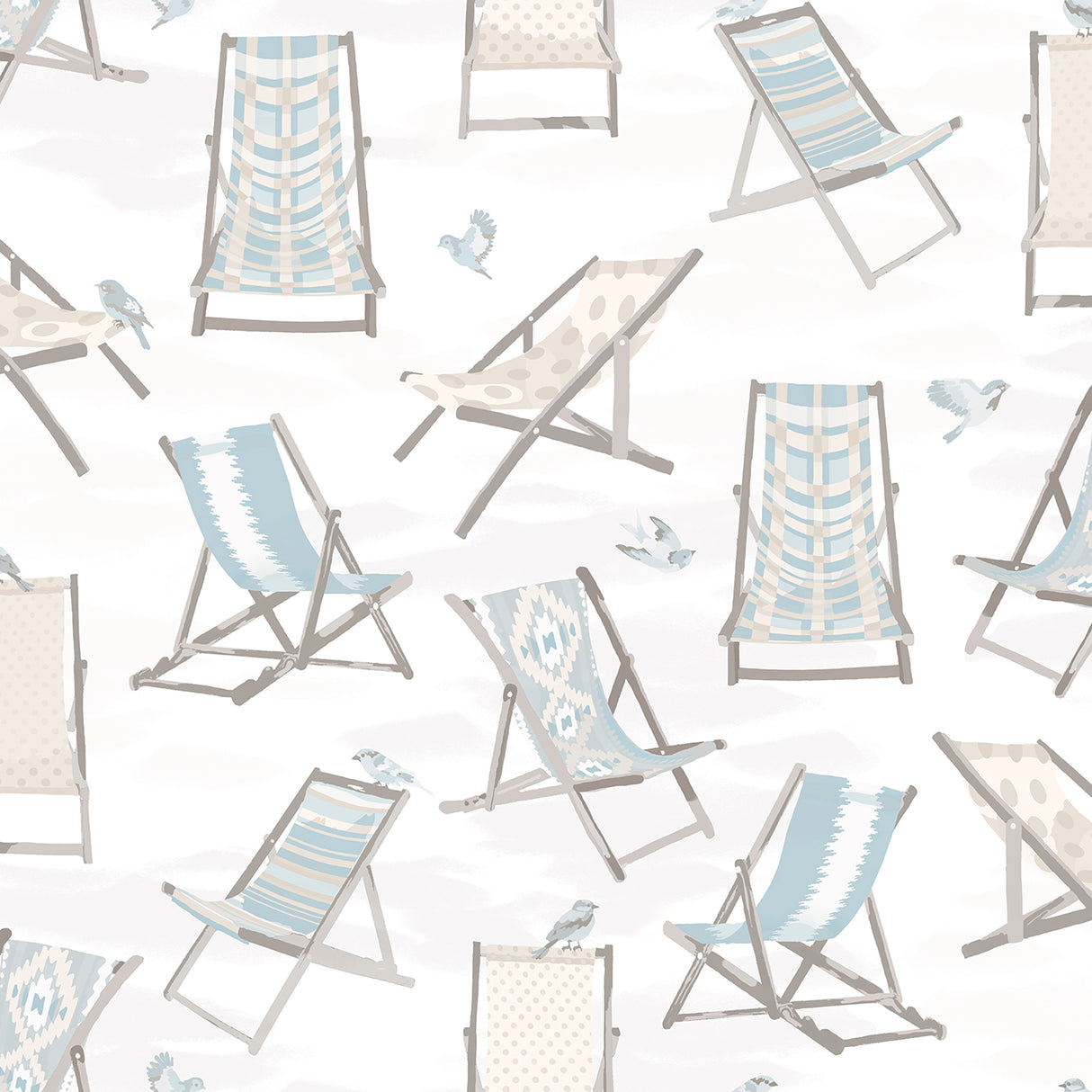 Just Lounging Sand Peel and Stick Wallpaper by WallPops NUS6633 - Coastal beach deck chair pattern in soft sand and blue tones on a white background
