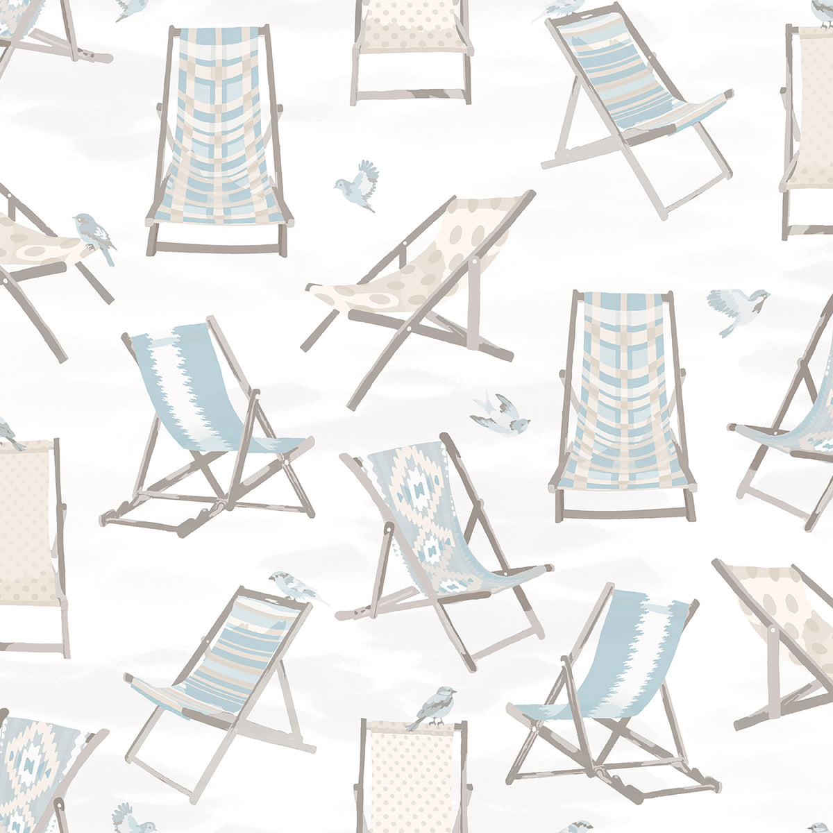 Just Lounging Sand Peel and Stick Wallpaper by WallPops NUS6633 - Coastal beach deck chair pattern in soft sand and blue tones on a white background