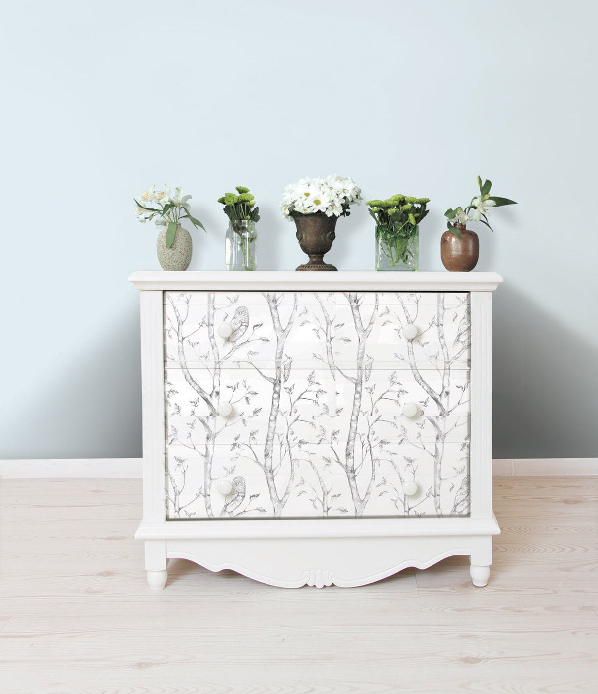 Grey Woods Peel & Stick Wallpaper with Nature Birch Trees and Owls - Brewster NUW1412